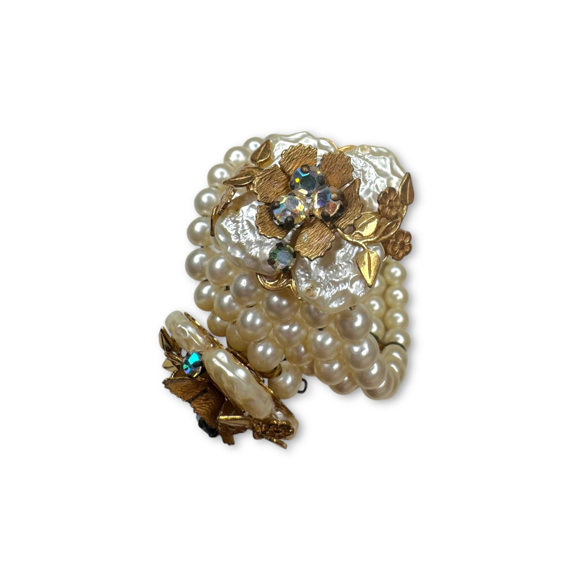 Miriam Haskell Pearl Floral Parure Necklace Bracelet Earrings Set Gold Tone