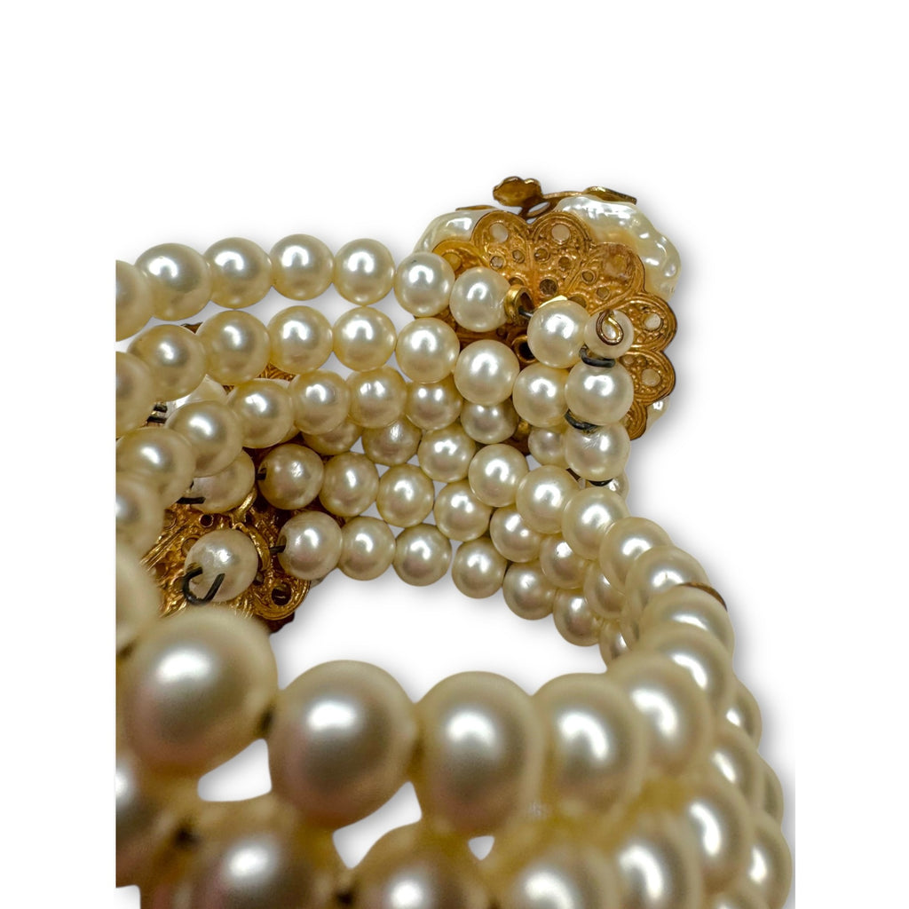 Miriam Haskell Pearl Floral Parure Necklace Bracelet Earrings Set Gold Tone