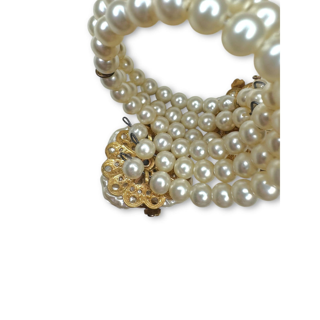 Miriam Haskell Pearl Floral Parure Necklace Bracelet Earrings Set Gold Tone
