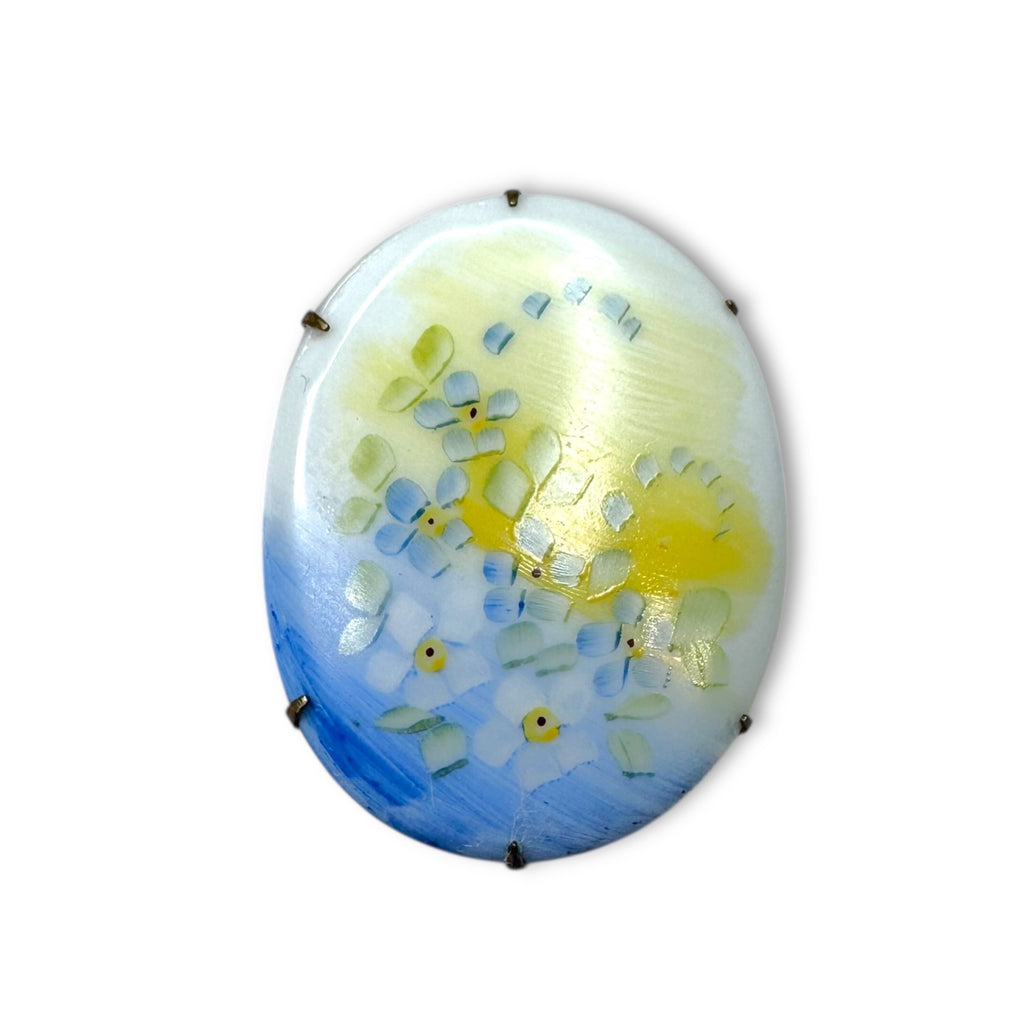 Antique Porcelain Blue Yellow Forget Me Not Flower Brooch