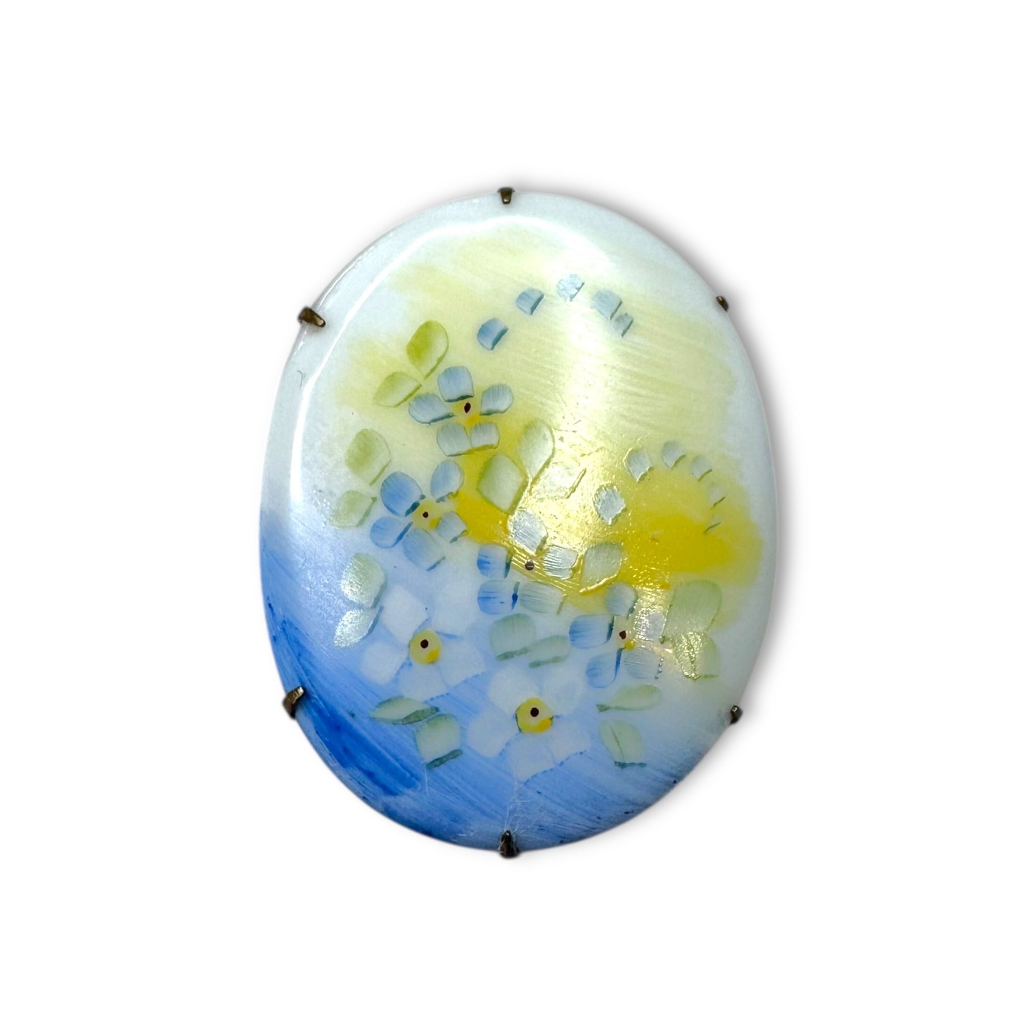 Antique Porcelain Blue Yellow Forget Me Not Flower Brooch