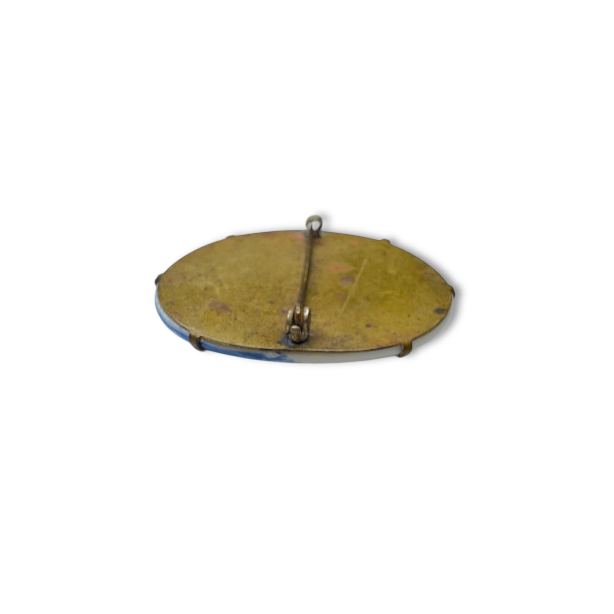 Antique Porcelain Blue Yellow Forget Me Not Flower Brooch