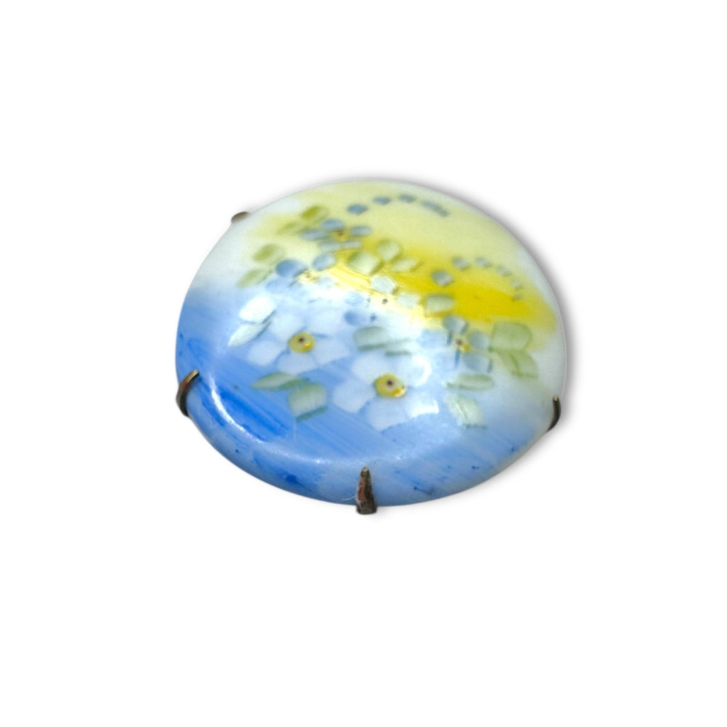 Antique Porcelain Blue Yellow Forget Me Not Flower Brooch