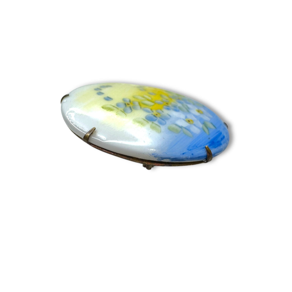 Antique Porcelain Blue Yellow Forget Me Not Flower Brooch