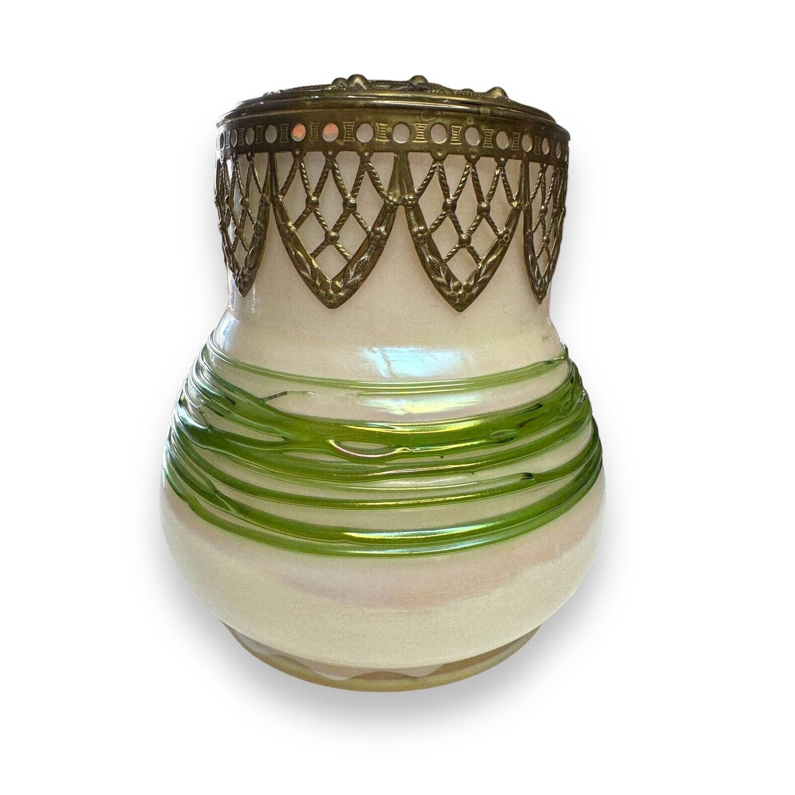 Loetz Czech Opalite Art Glass 1800’s 22k Gilded Lattice Frog Cap Vase