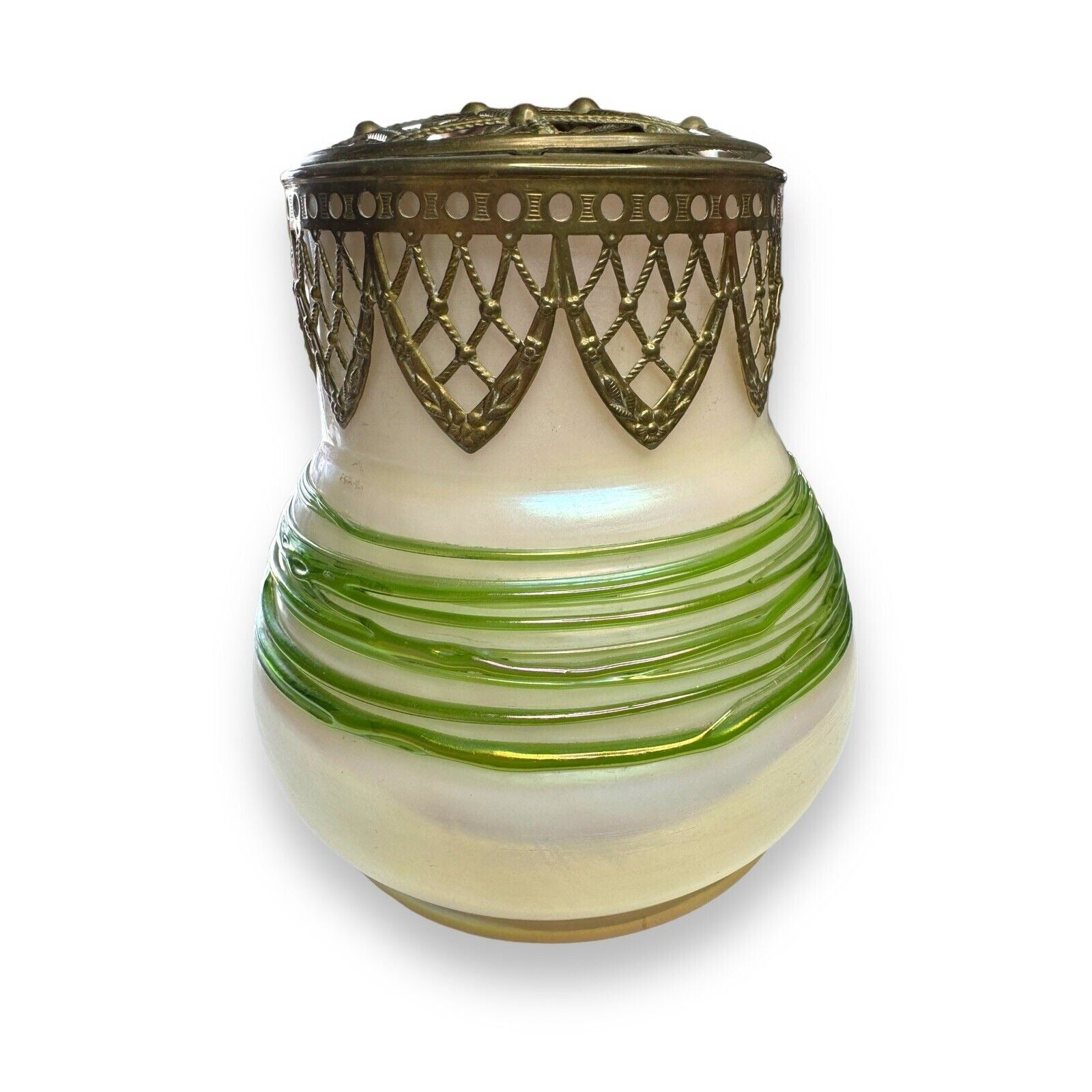 Loetz Czech Opalite Art Glass 1800’s 22k Gilded Lattice Frog Cap Vase