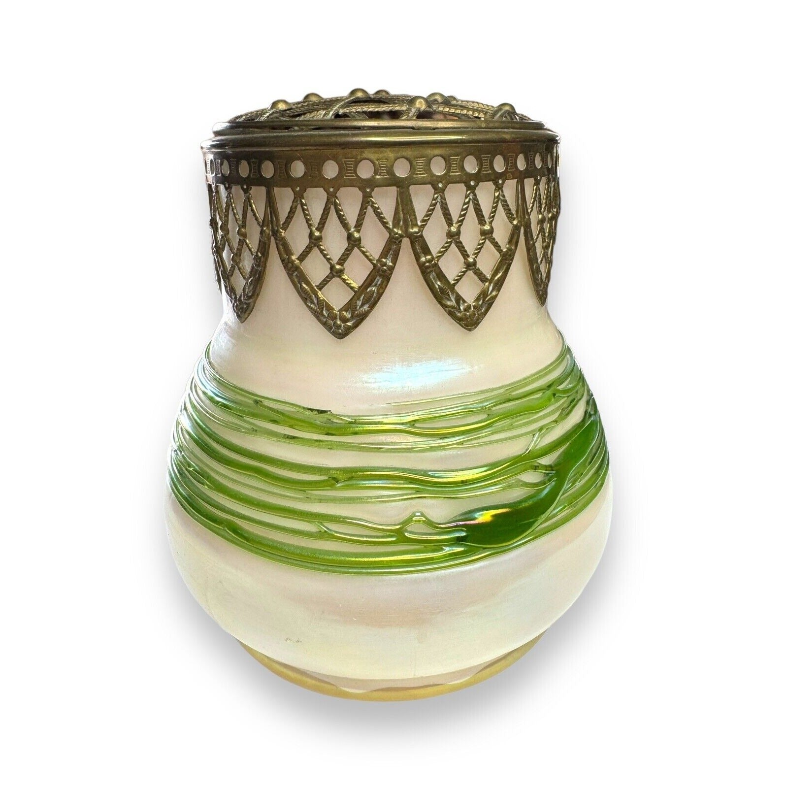 Loetz Czech Opalite Art Glass 1800’s 22k Gilded Lattice Frog Cap Vase