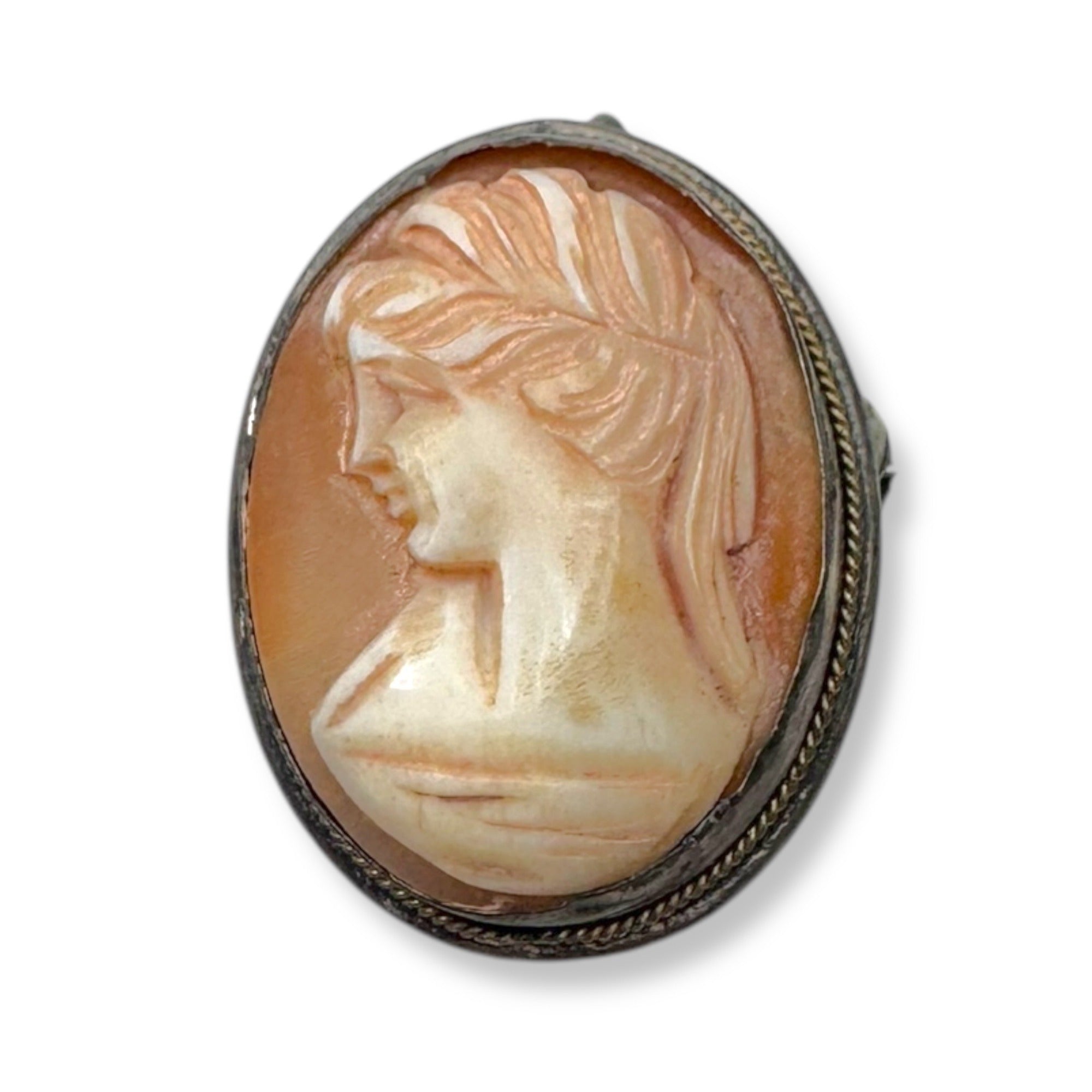 Vintage Italian Shell Cameo Brooch Pendant Sterling Silver 9K Gold Accent