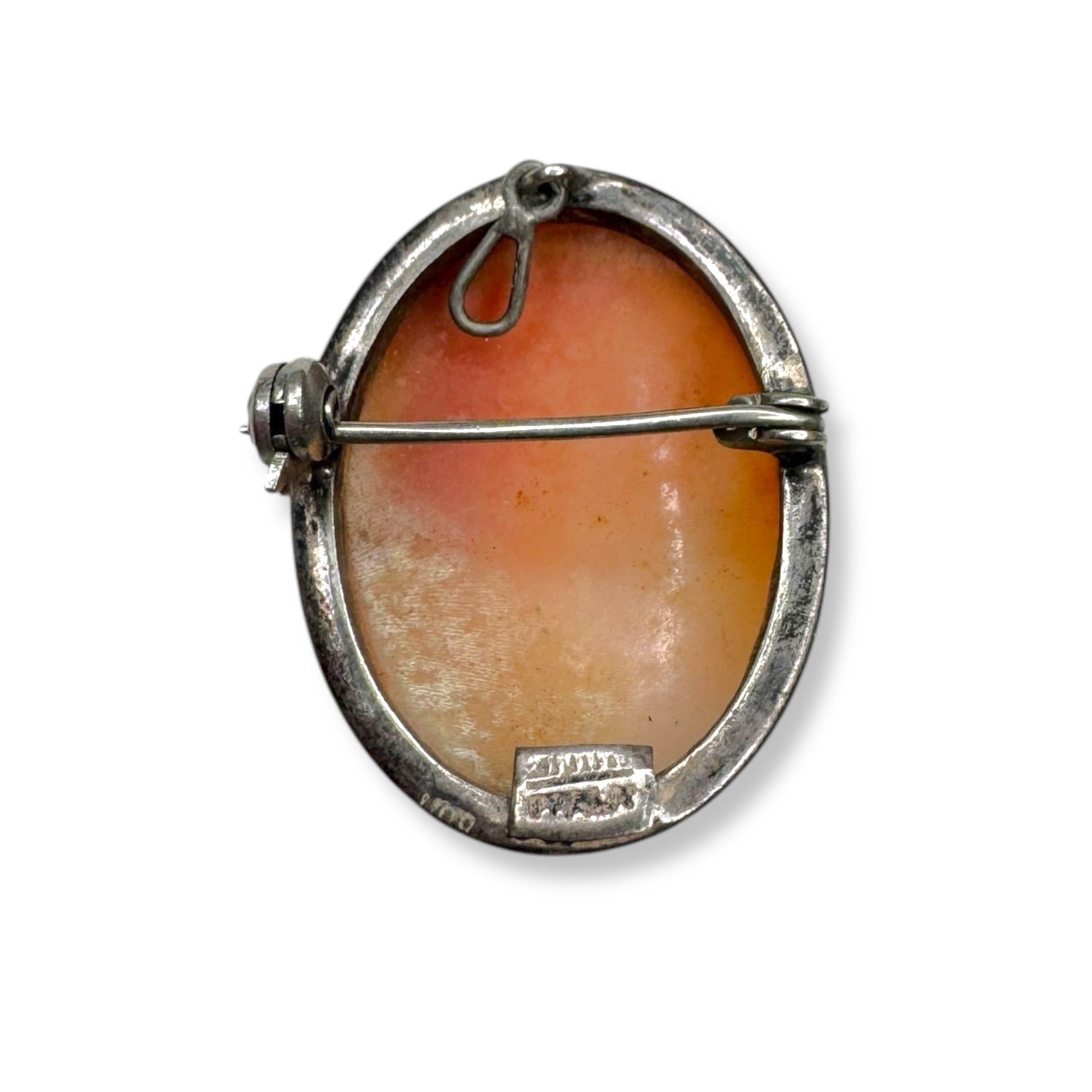 Vintage Italian Shell Cameo Brooch Pendant Sterling Silver 9K Gold Accent