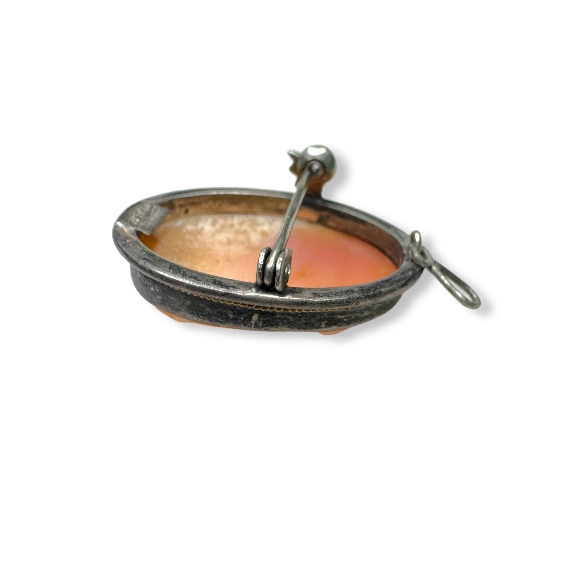 Vintage Italian Shell Cameo Brooch Pendant Sterling Silver 9K Gold Accent