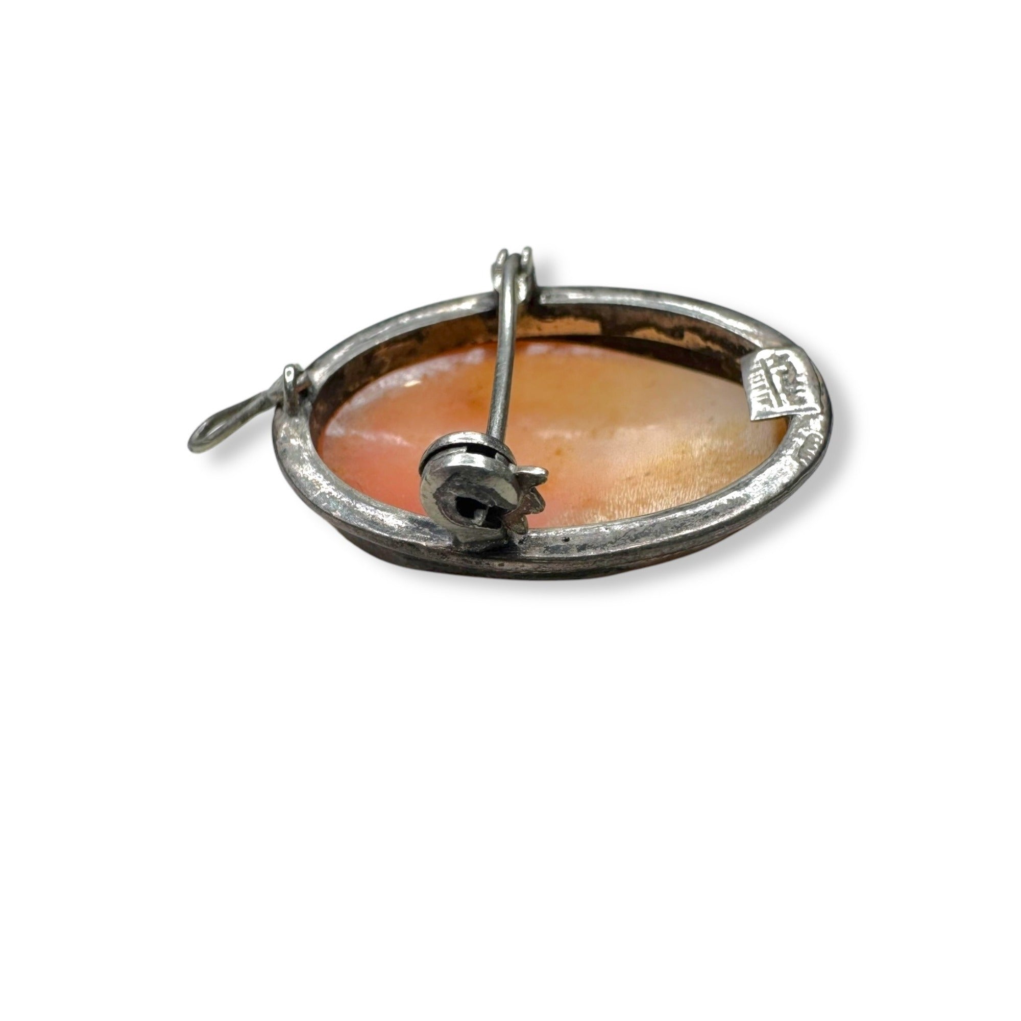 Vintage Italian Shell Cameo Brooch Pendant Sterling Silver 9K Gold Accent