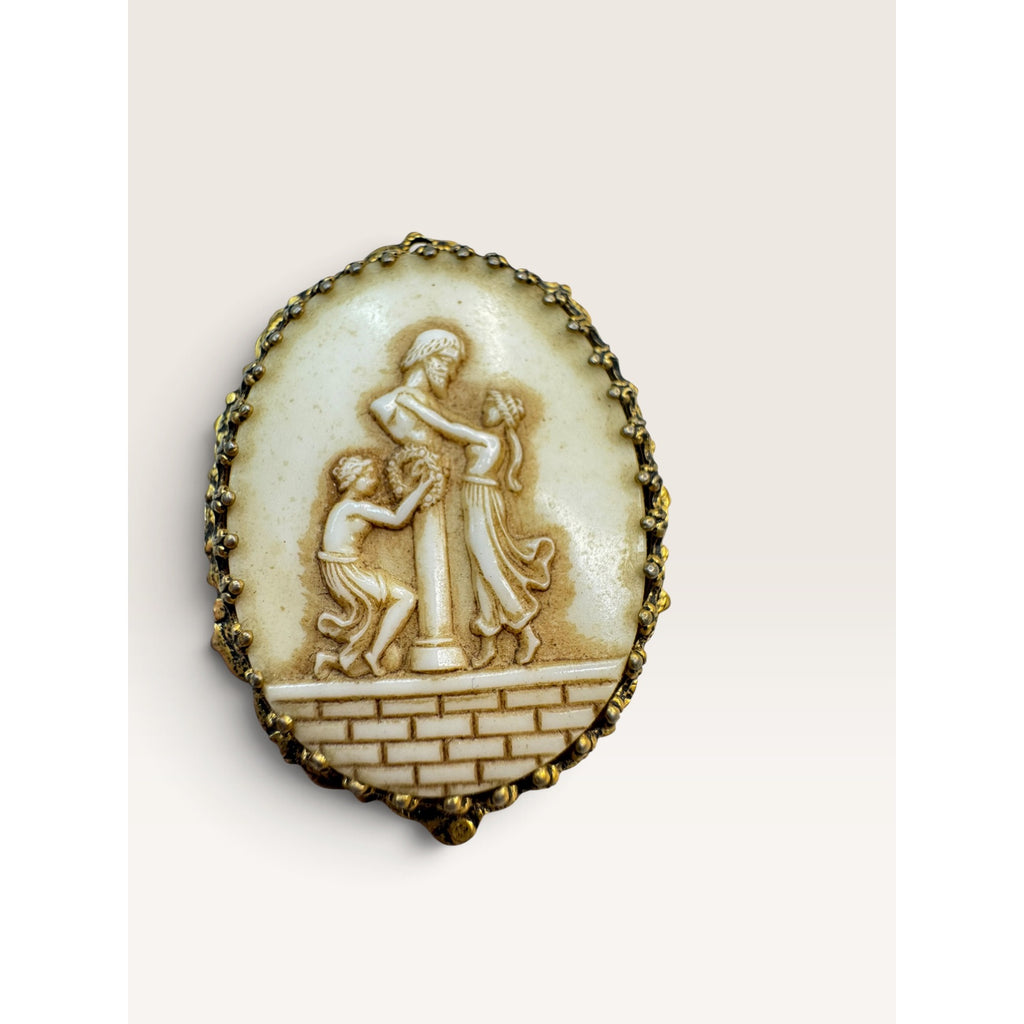 1960s Classical Greek Myth Carved Resin Cameo Pendant Brooch Pin 1.7" Vintage