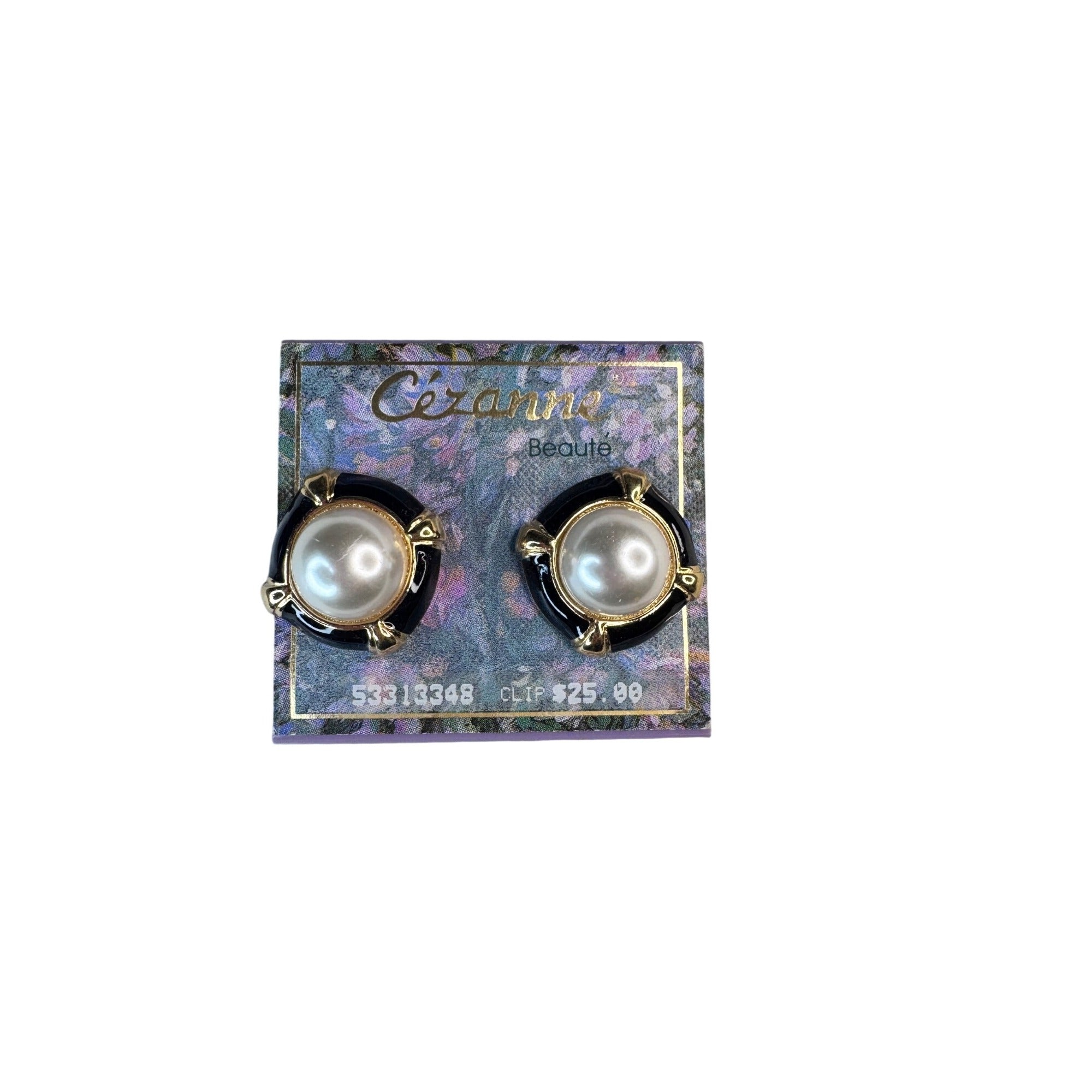 Cezanne Beaute Clip On Earrings Black Gold Faux Pearl 1990s Vintage