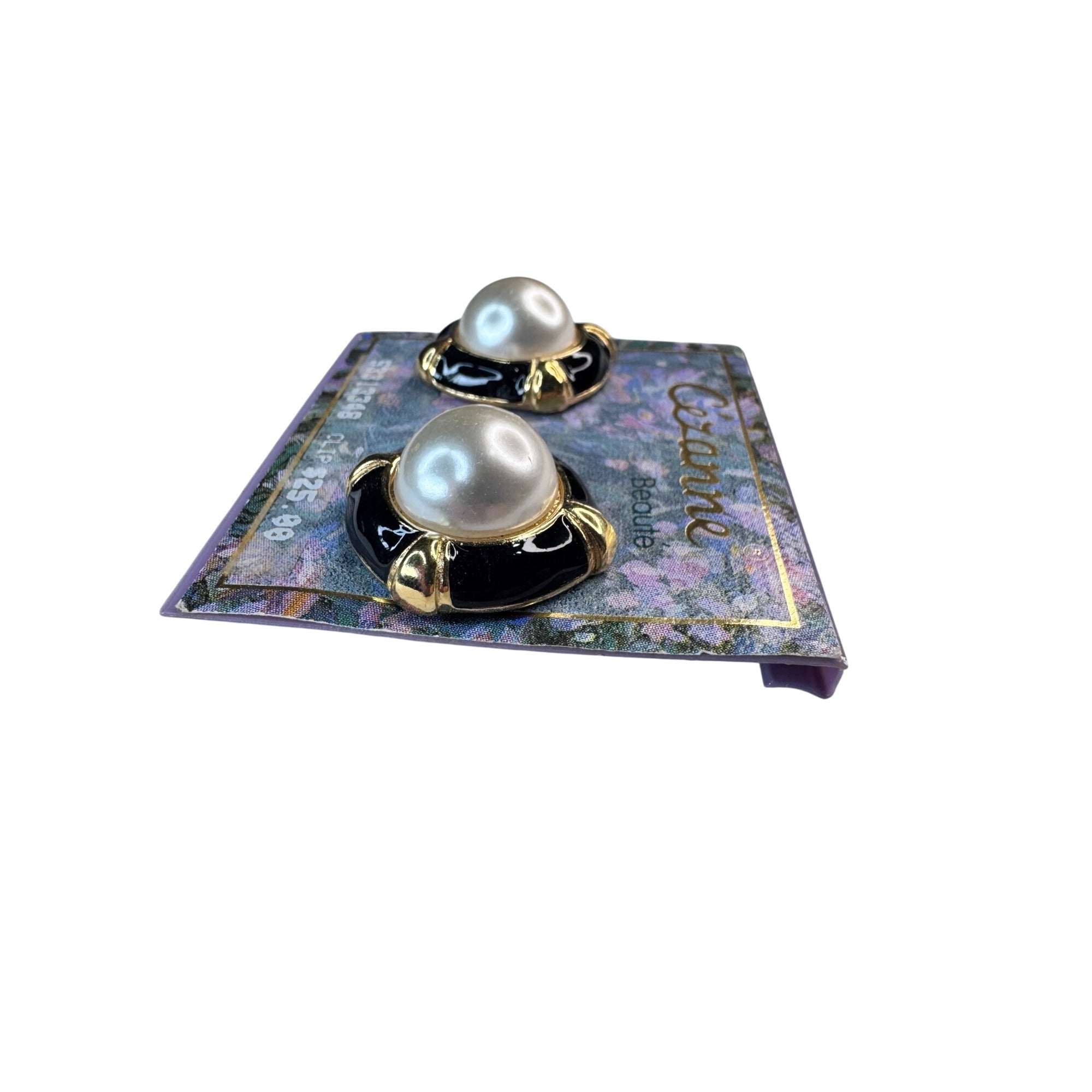 Cezanne Beaute Clip On Earrings Black Gold Faux Pearl 1990s Vintage