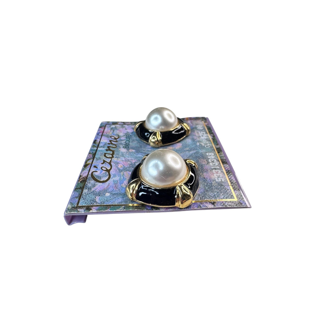 Cezanne Beaute Clip On Earrings Black Gold Faux Pearl 1990s Vintage