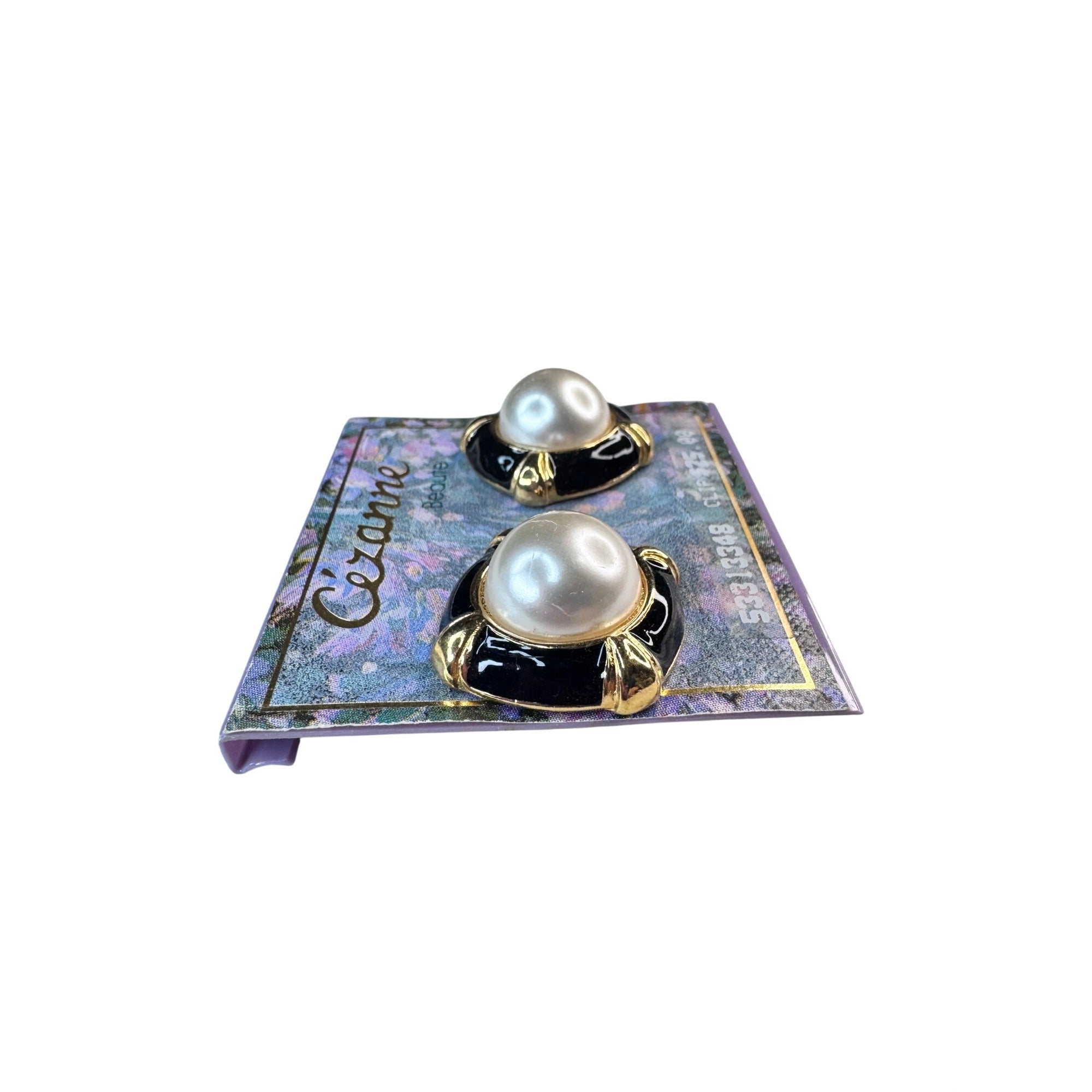 Cezanne Beaute Clip On Earrings Black Gold Faux Pearl 1990s Vintage