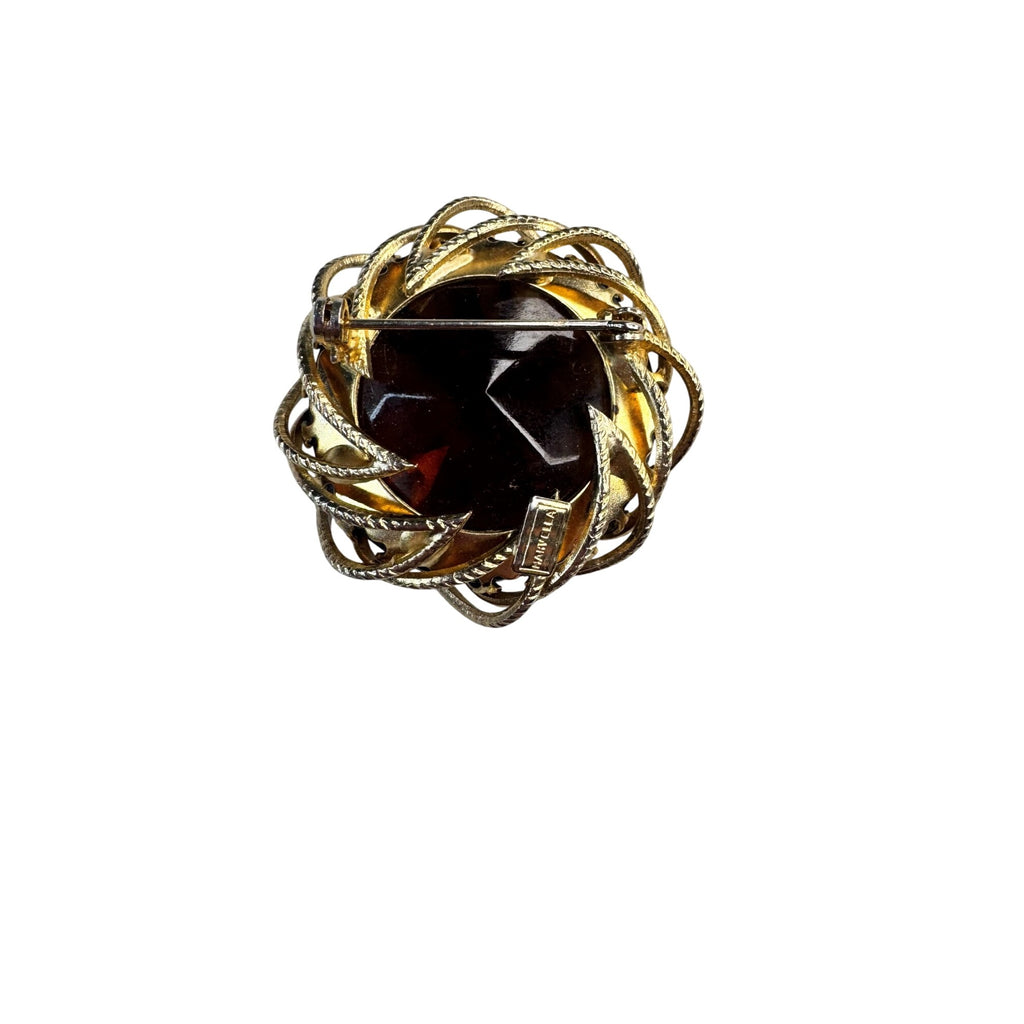 Marvella Topaz Brown Molded Glass Swirl Brooch 1.57” Vintage