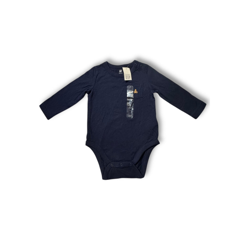Baby Gap 12–18M Navy Long Sleeve Bodysuit Bear Pocket NWT Cotton