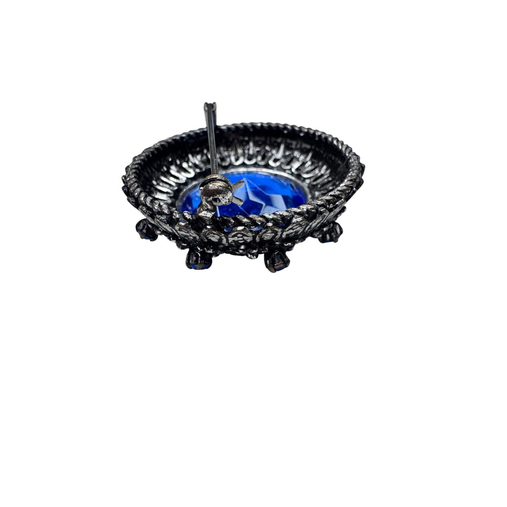 Austria Blue Rhinestone Brooch Gunmetal Silver Tone Round 1960s Vintage