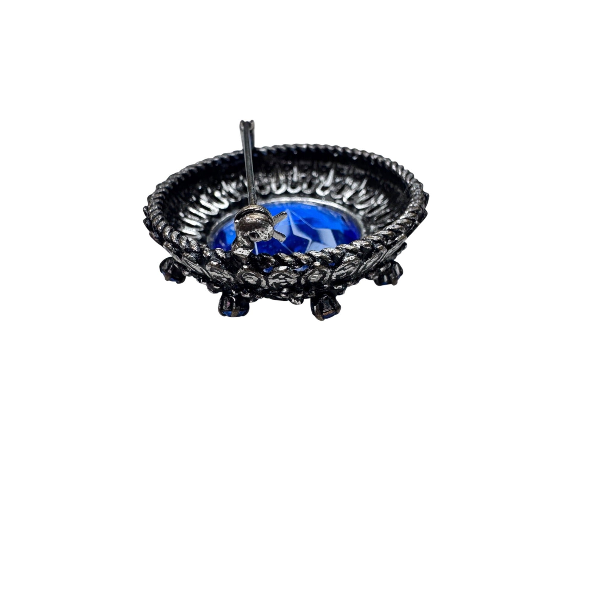 Austria Blue Rhinestone Brooch Gunmetal Silver Tone Round 1960s Vintage
