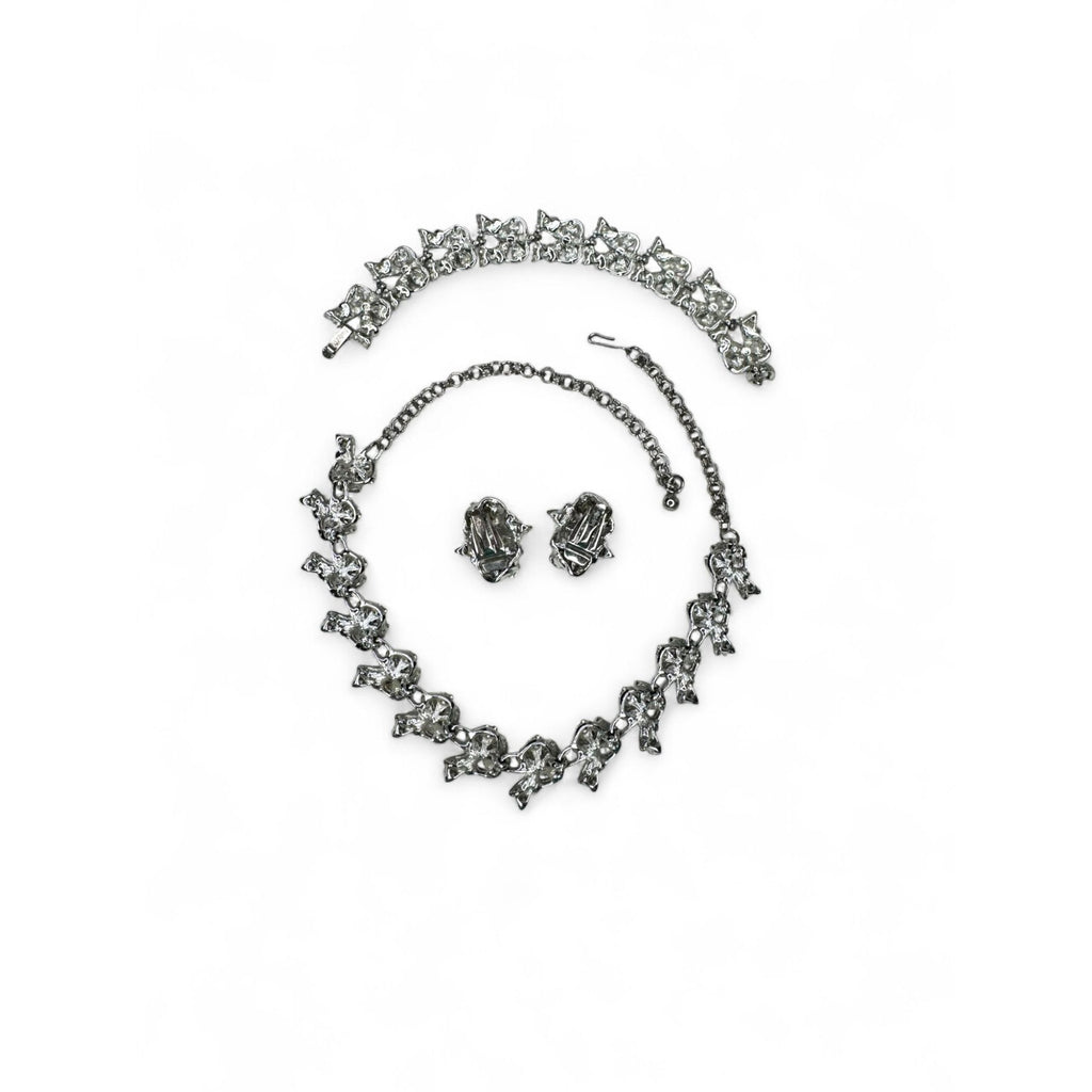 Judy Lee Vintage Floral Crystal Necklace Bracelet & Clip-On Earrings Set