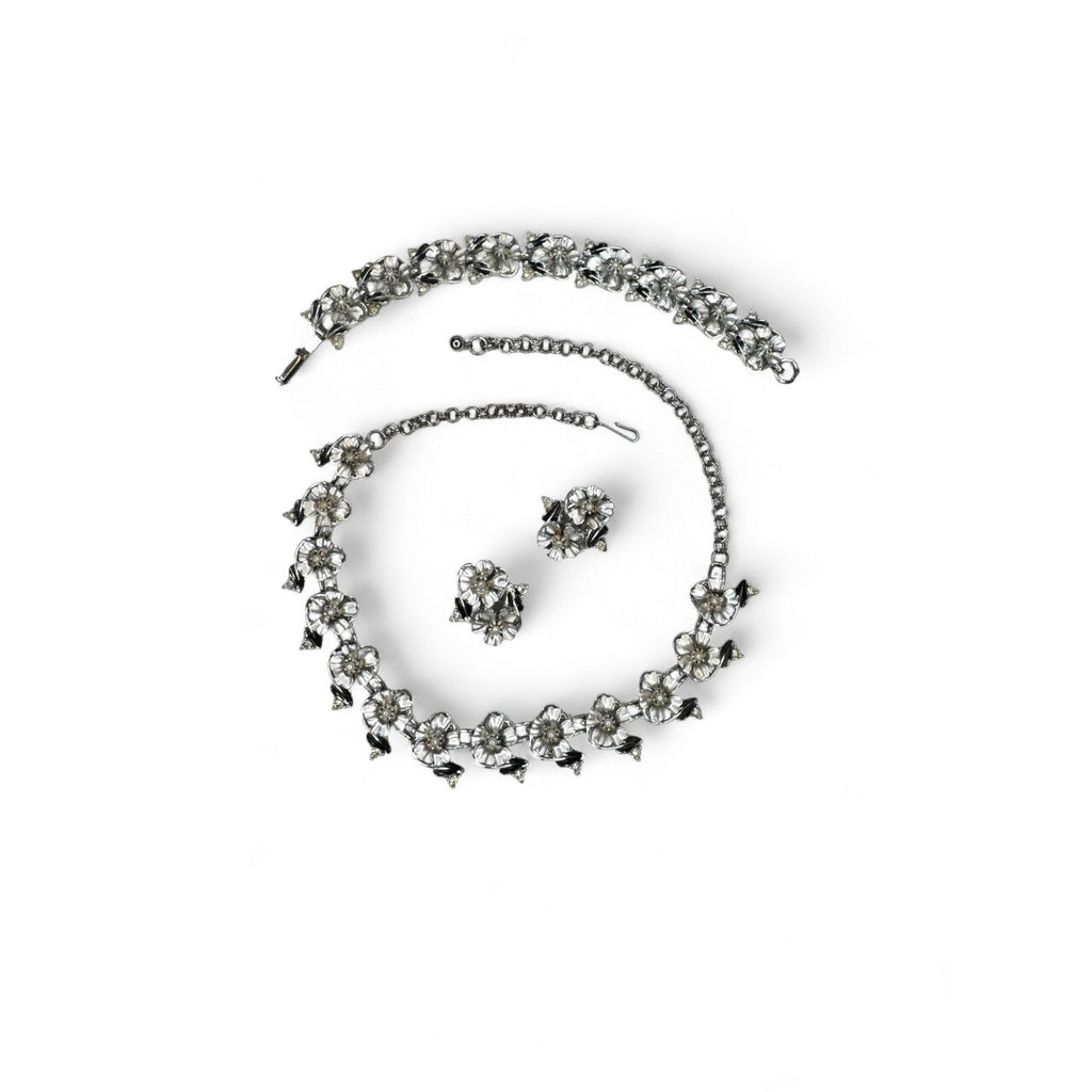 Judy Lee Vintage Floral Crystal Necklace Bracelet & Clip-On Earrings Set