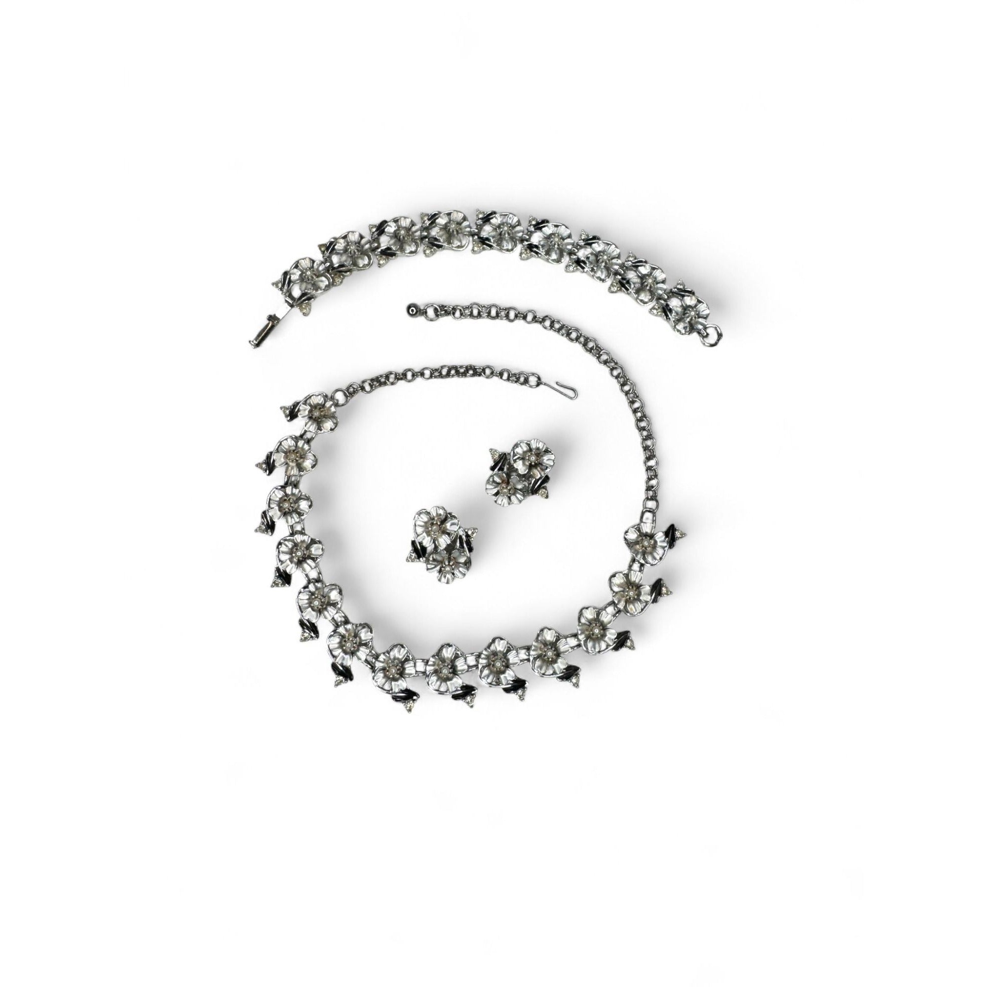 Judy Lee Vintage Floral Crystal Necklace Bracelet & Clip-On Earrings Set