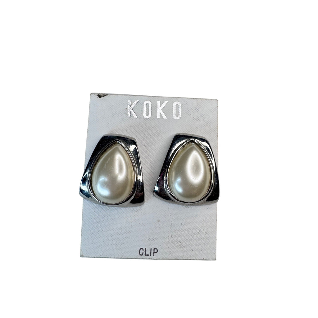 KOKO Clip On Earrings Silver Faux Pearl 1990s Vintage