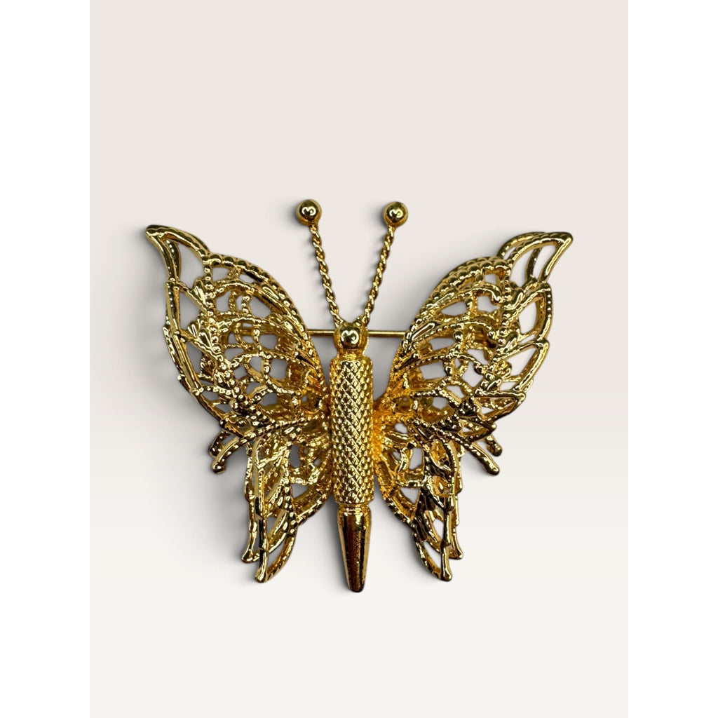 Monet Vintage 1970s Gold Tone Filigree Openwork Butterfly Brooch Pin 1.47"
