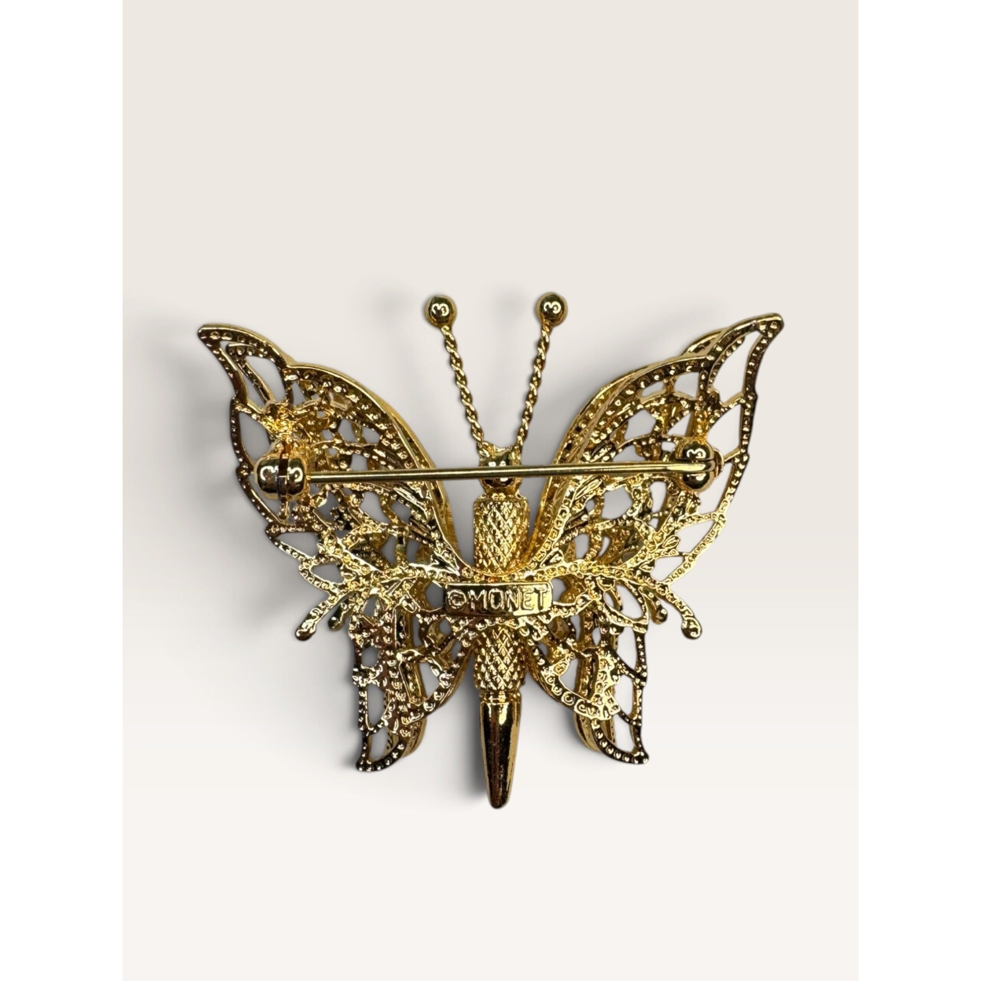 Monet Vintage 1970s Gold Tone Filigree Openwork Butterfly Brooch Pin 1.47"
