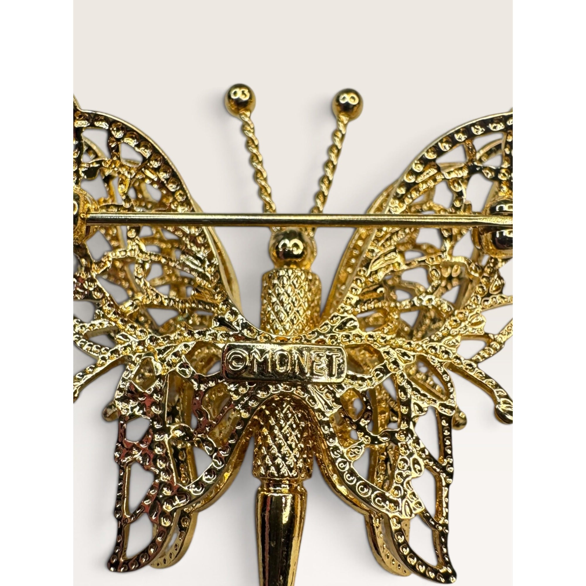 Monet Vintage 1970s Gold Tone Filigree Openwork Butterfly Brooch Pin 1.47"
