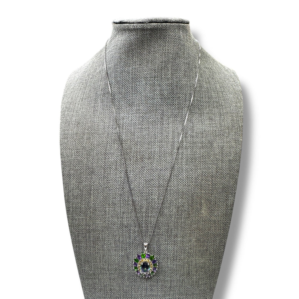 Sterling Silver Mystic Topaz Amethyst & Green Tourmaline Pendant Necklace 18"