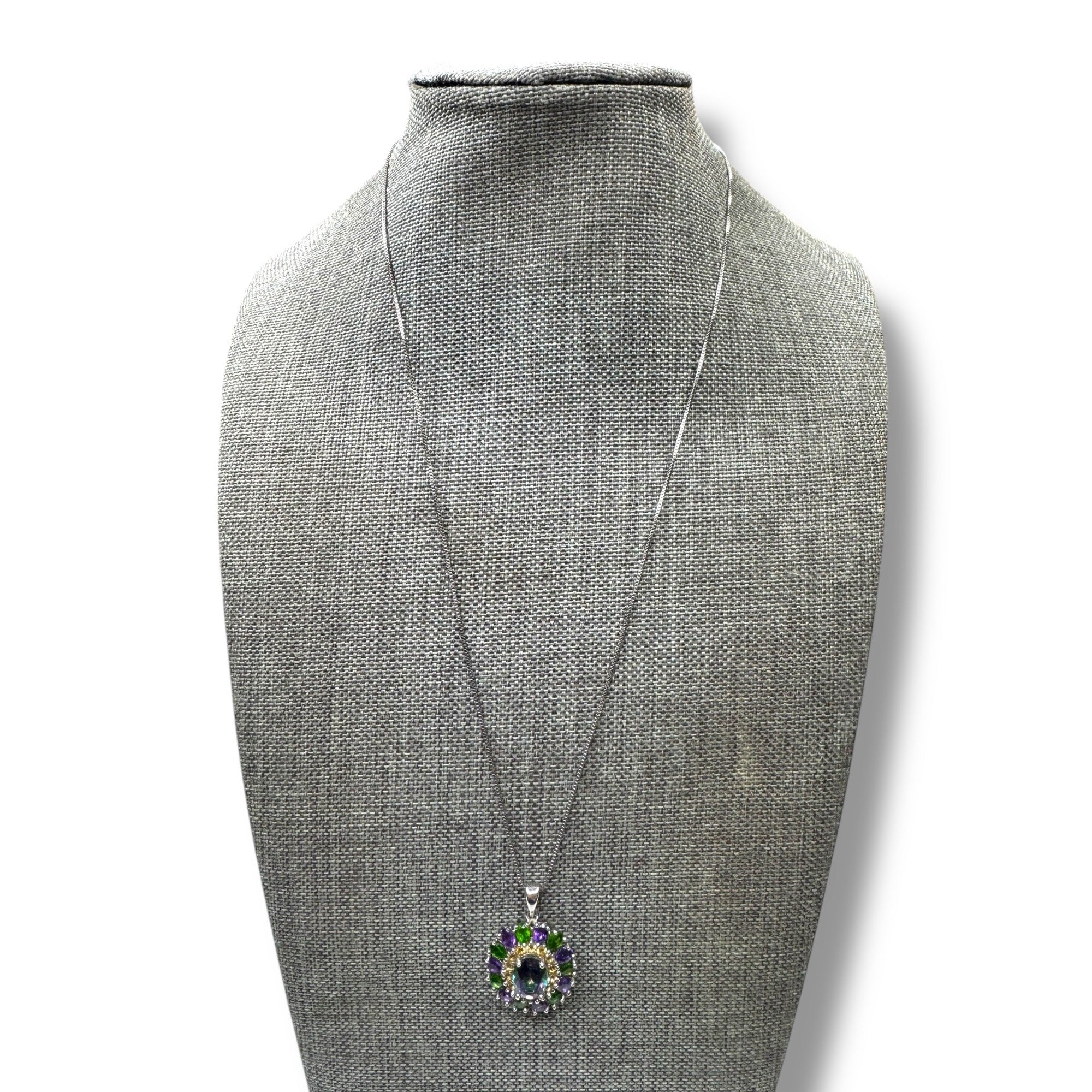 Sterling Silver Mystic Topaz Amethyst & Green Tourmaline Pendant Necklace 18"