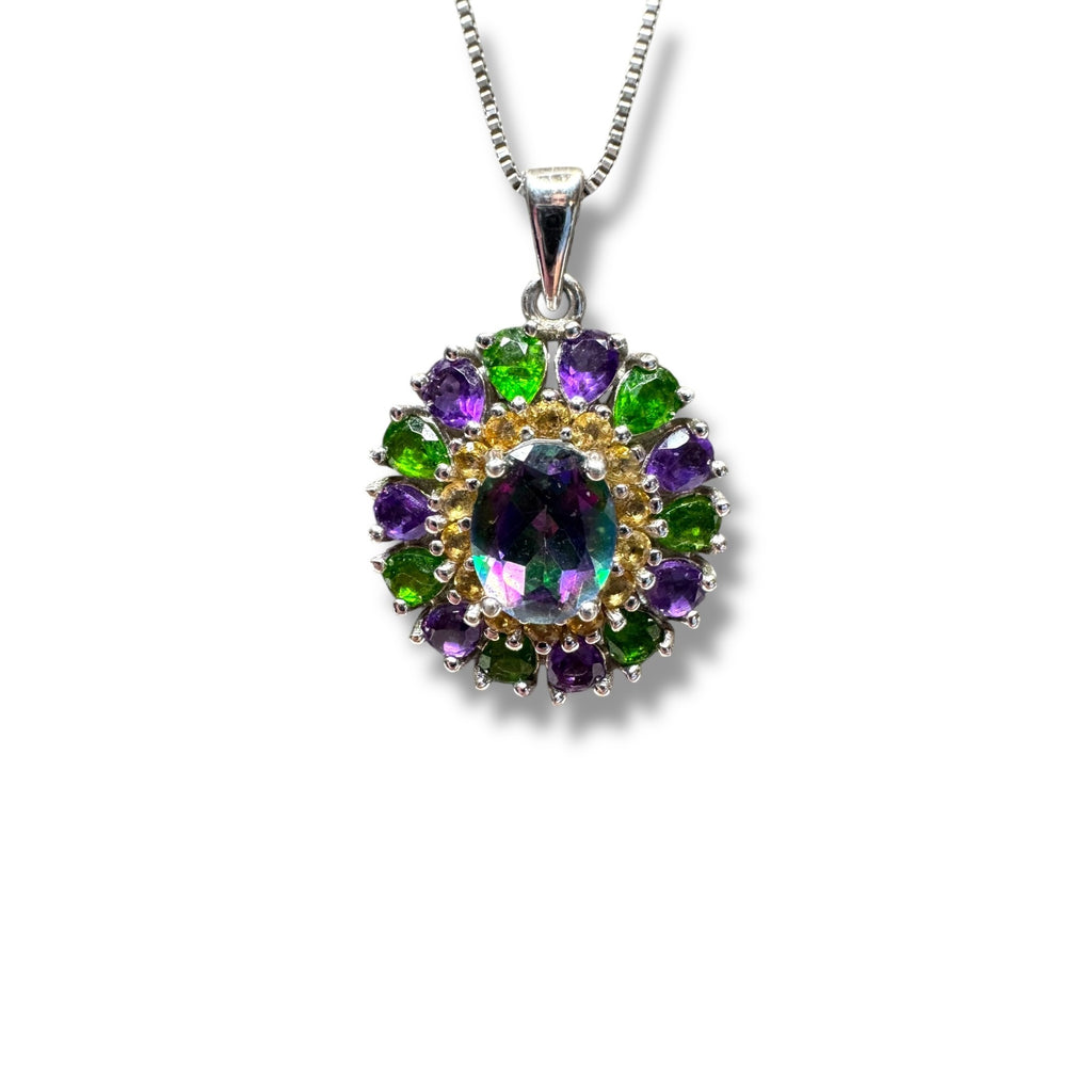 Sterling Silver Mystic Topaz Amethyst & Green Tourmaline Pendant Necklace 18"
