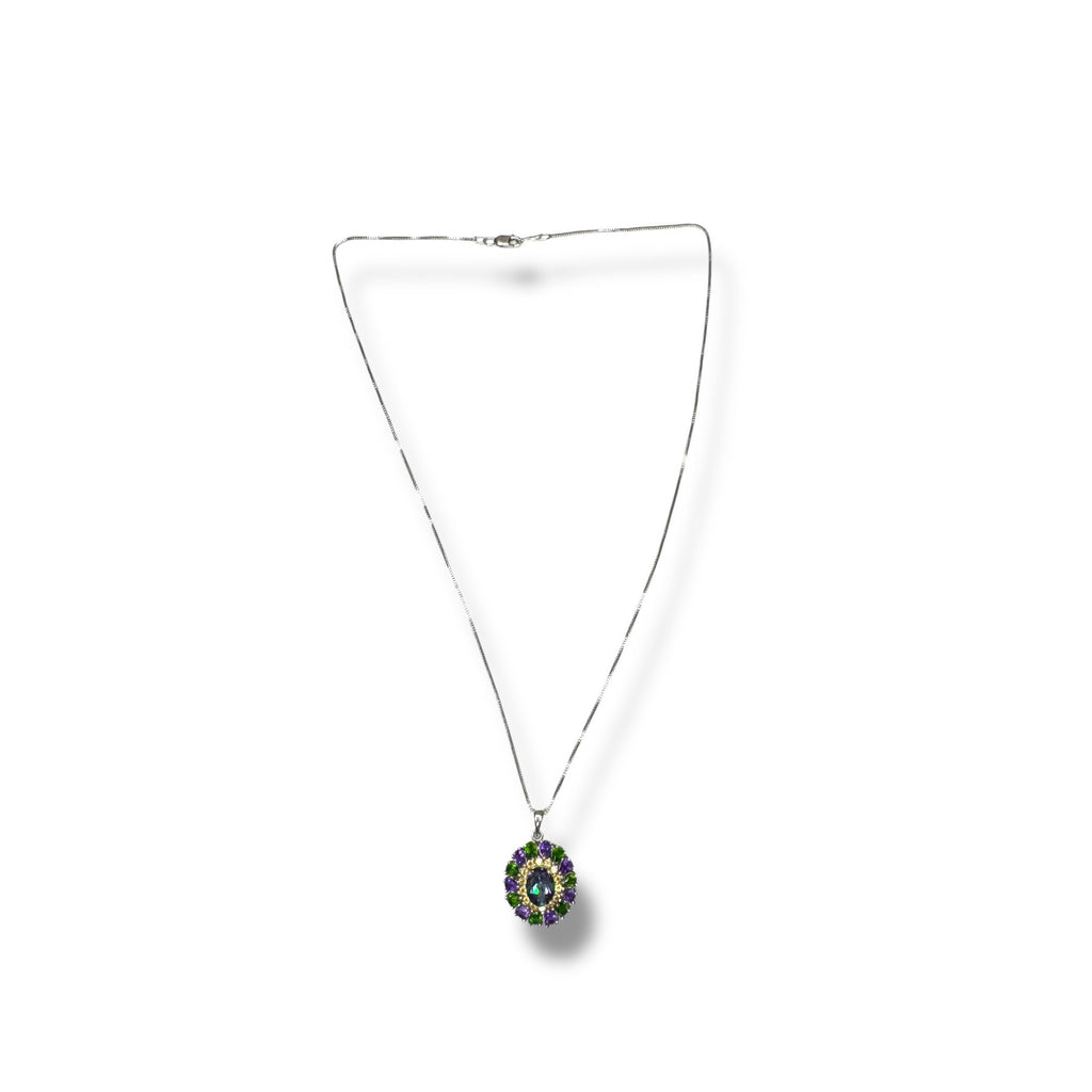 Sterling Silver Mystic Topaz Amethyst & Green Tourmaline Pendant Necklace 18"