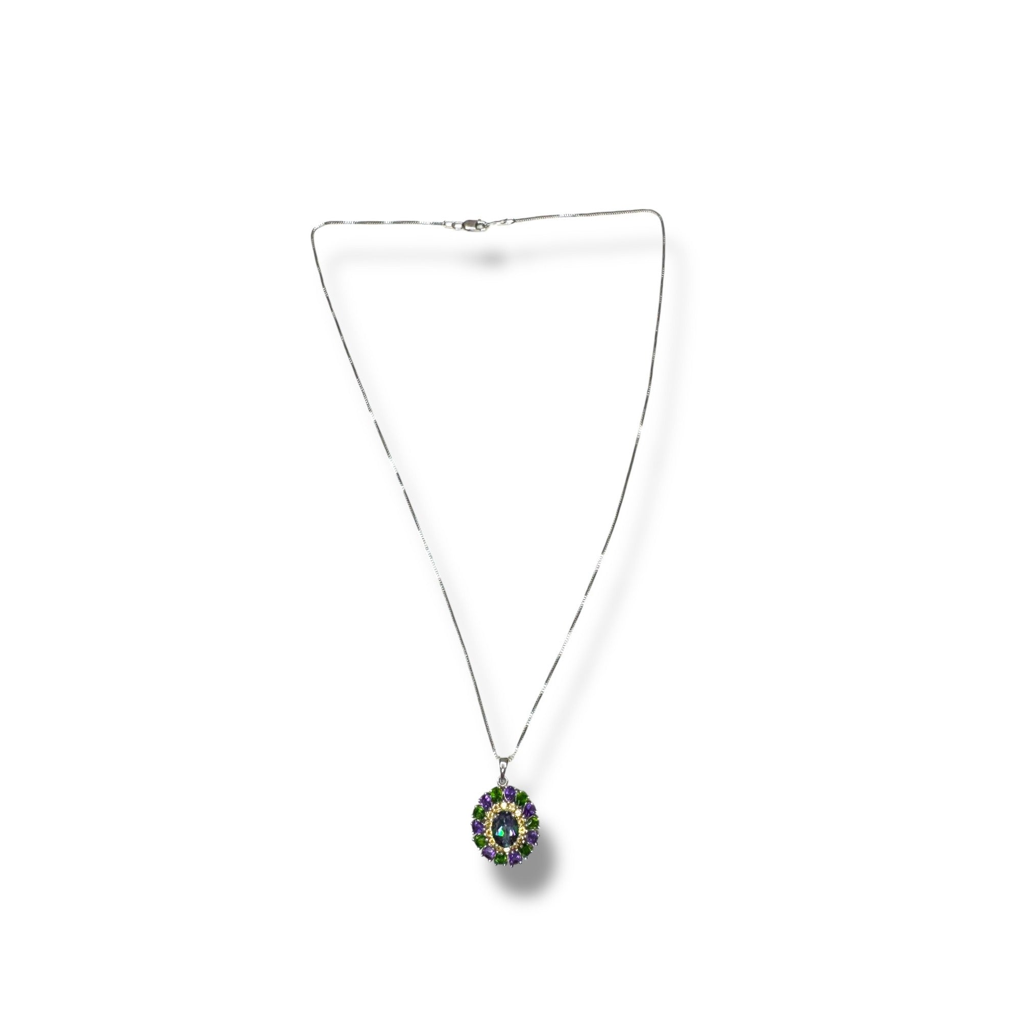 Sterling Silver Mystic Topaz Amethyst & Green Tourmaline Pendant Necklace 18"