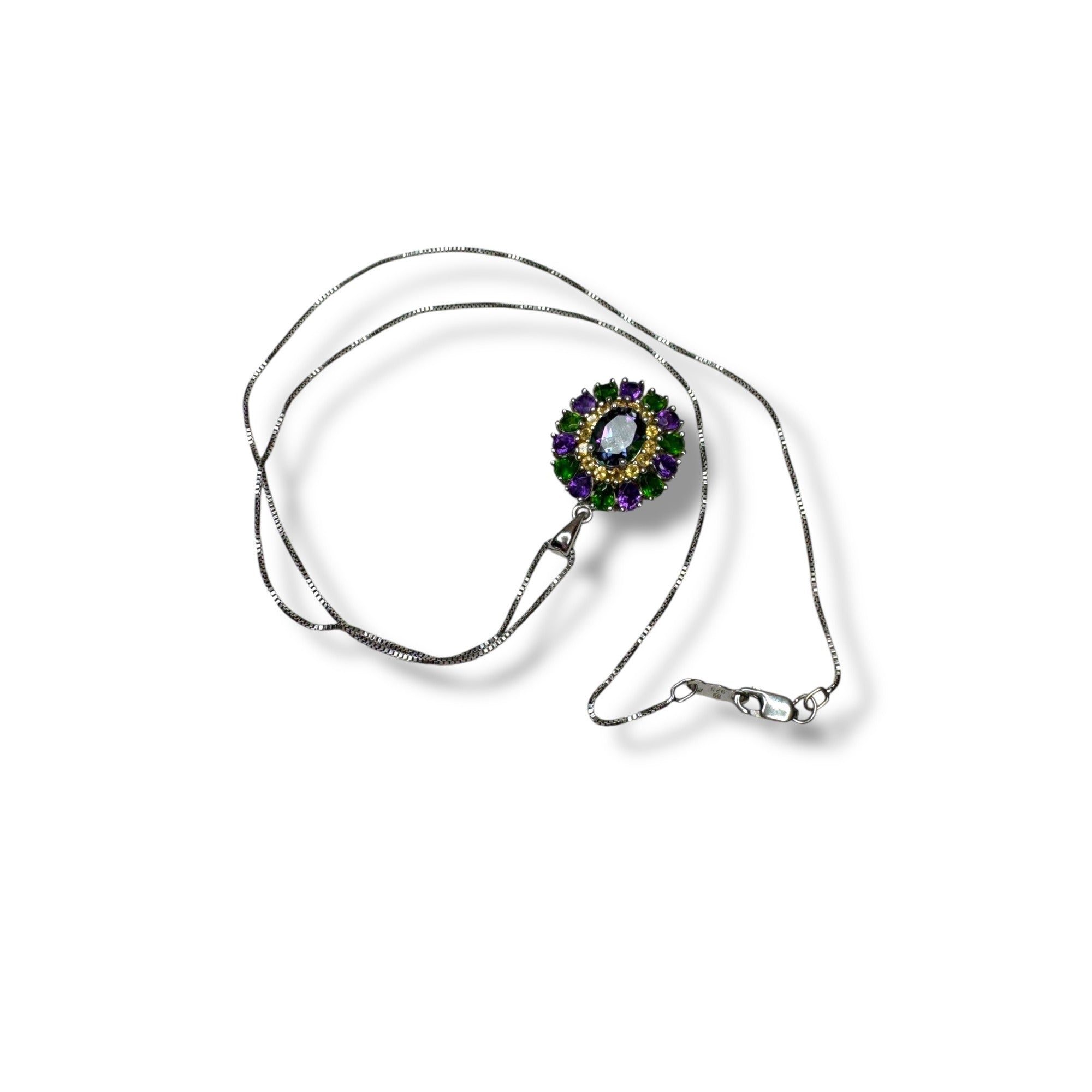 Sterling Silver Mystic Topaz Amethyst & Green Tourmaline Pendant Necklace 18"