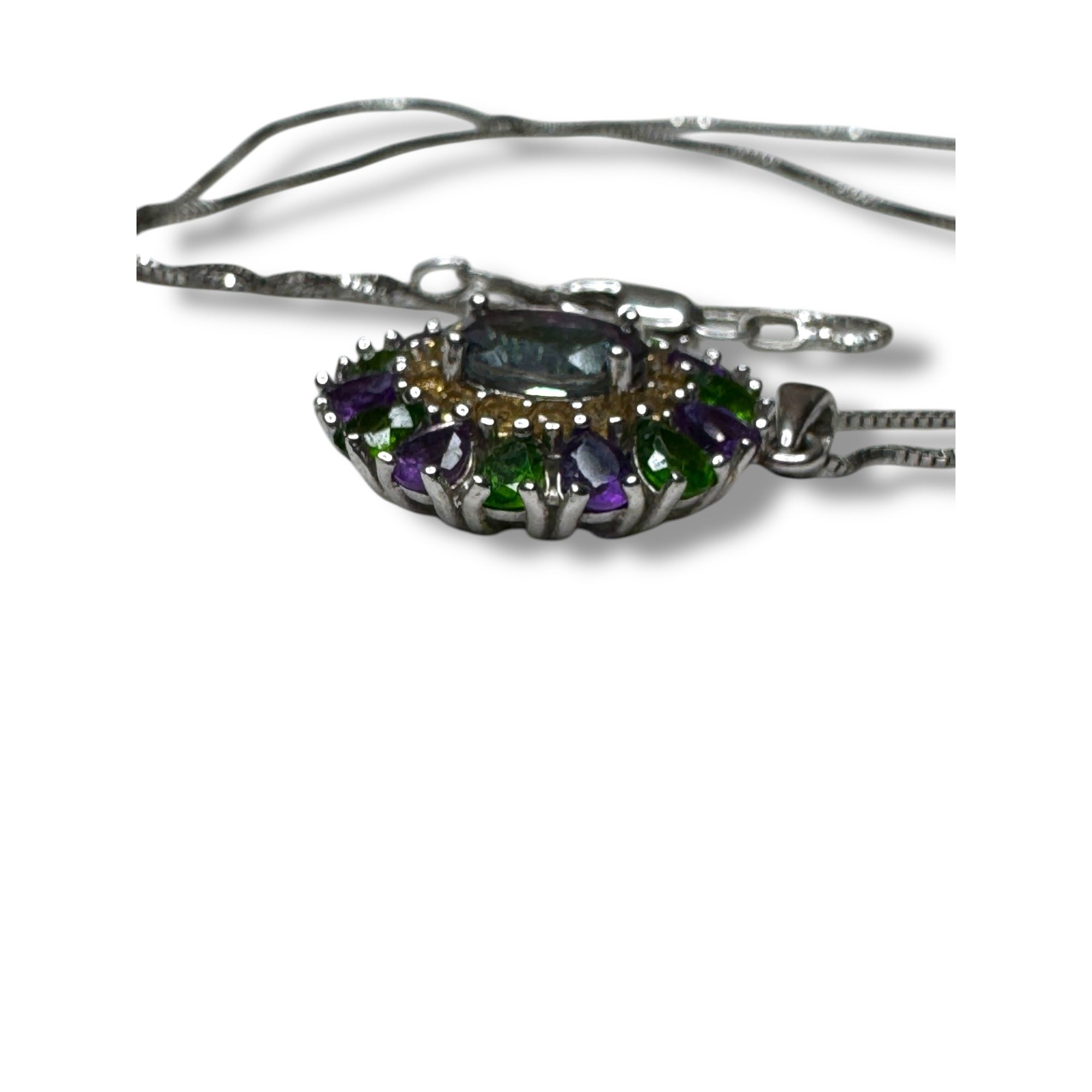 Sterling Silver Mystic Topaz Amethyst & Green Tourmaline Pendant Necklace 18"