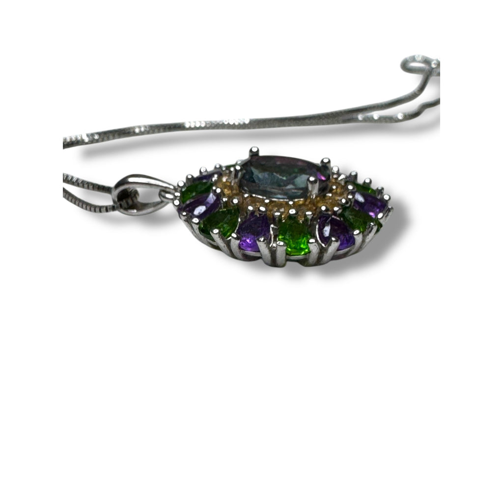 Sterling Silver Mystic Topaz Amethyst & Green Tourmaline Pendant Necklace 18"