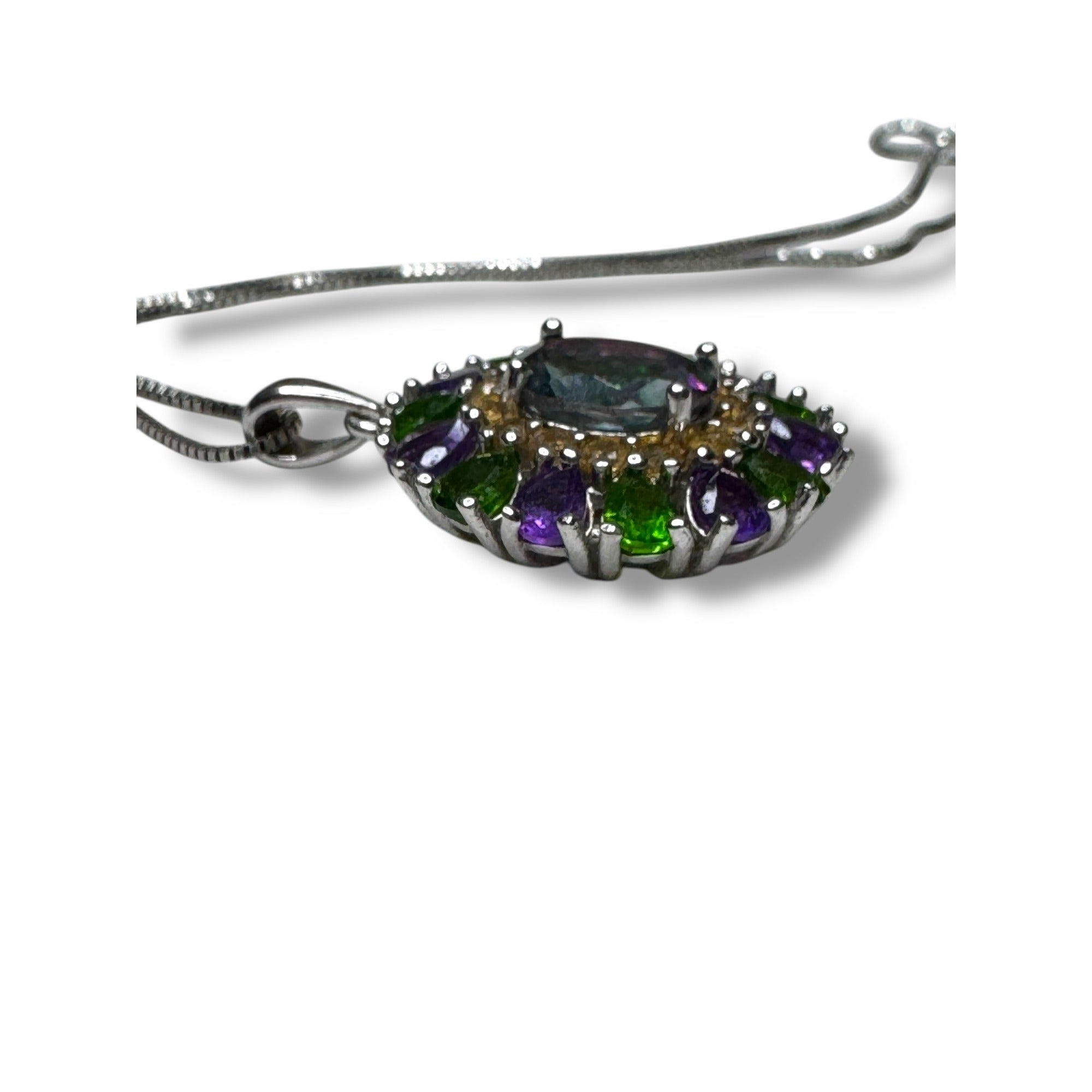 Sterling Silver Mystic Topaz Amethyst & Green Tourmaline Pendant Necklace 18"