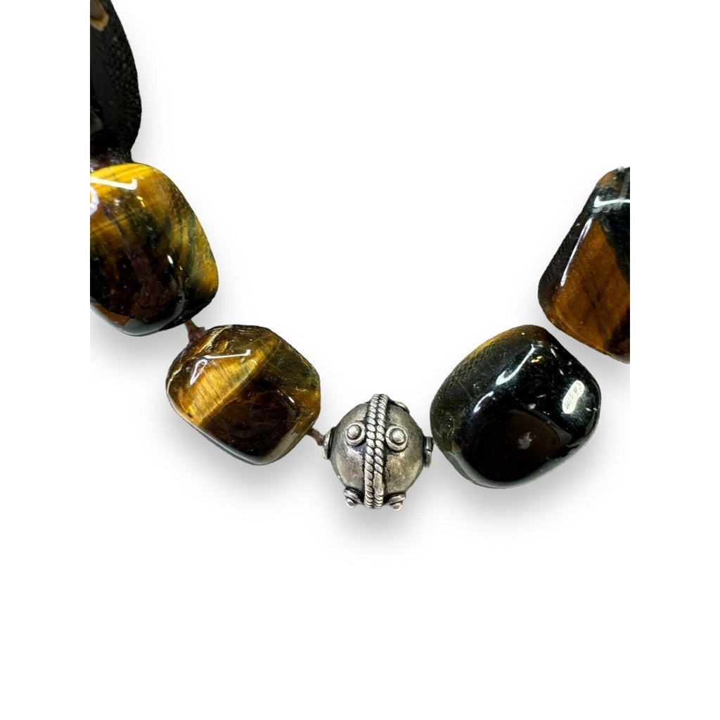 Heavy Sterling Silver Chunky Tigers Eye Necklace Hook Clasp 20”