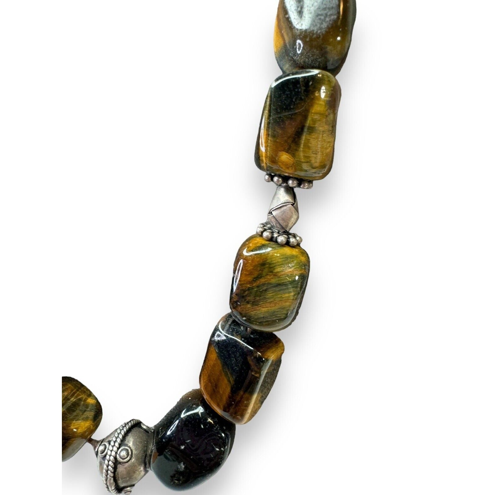 Heavy Sterling Silver Chunky Tigers Eye Necklace Hook Clasp 20”