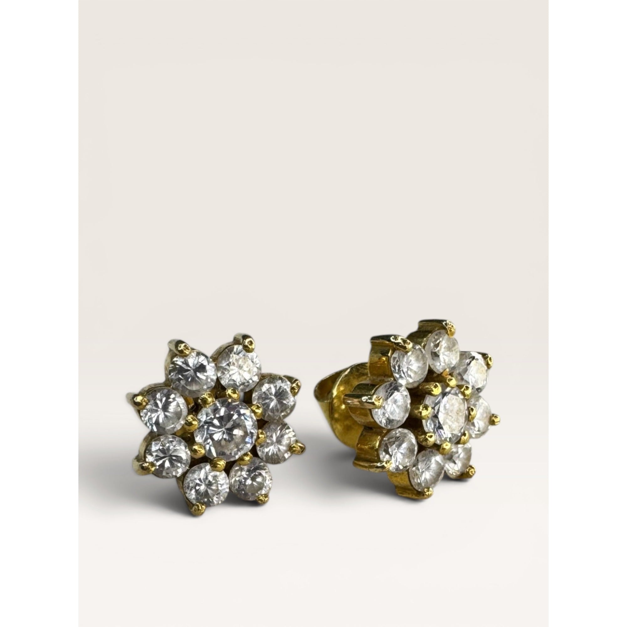 22K Gold CZ Flower Cluster Stud Earrings Threaded Screw Back Vintage