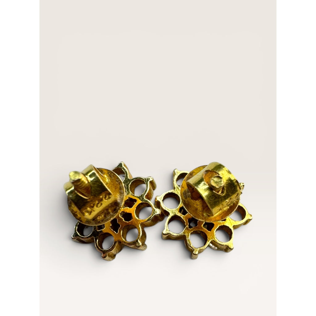 22K Gold CZ Flower Cluster Stud Earrings Threaded Screw Back Vintage