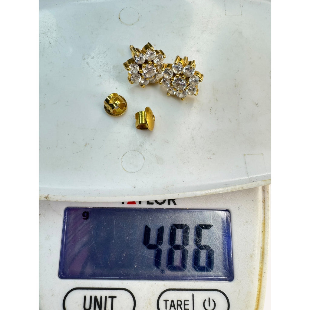 22K Gold CZ Flower Cluster Stud Earrings Threaded Screw Back Vintage