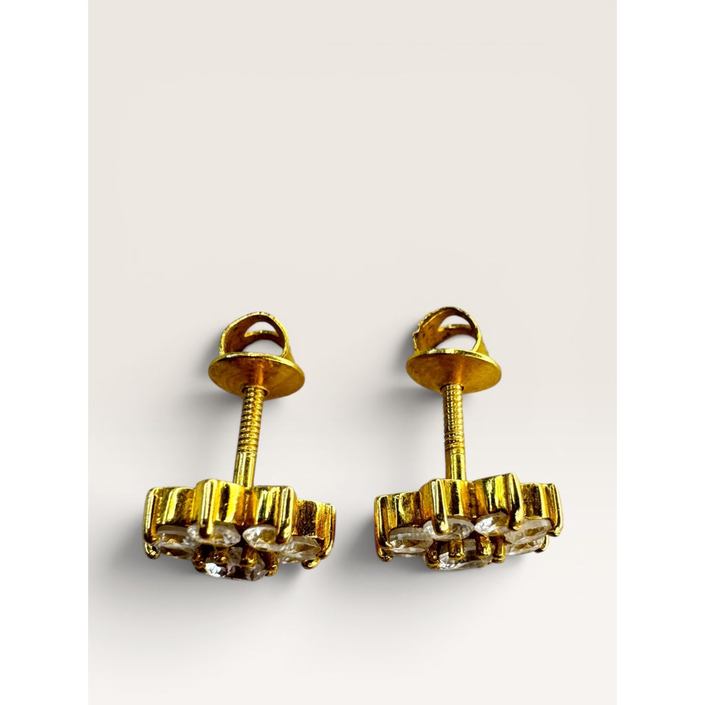 22K Gold CZ Flower Cluster Stud Earrings Threaded Screw Back Vintage