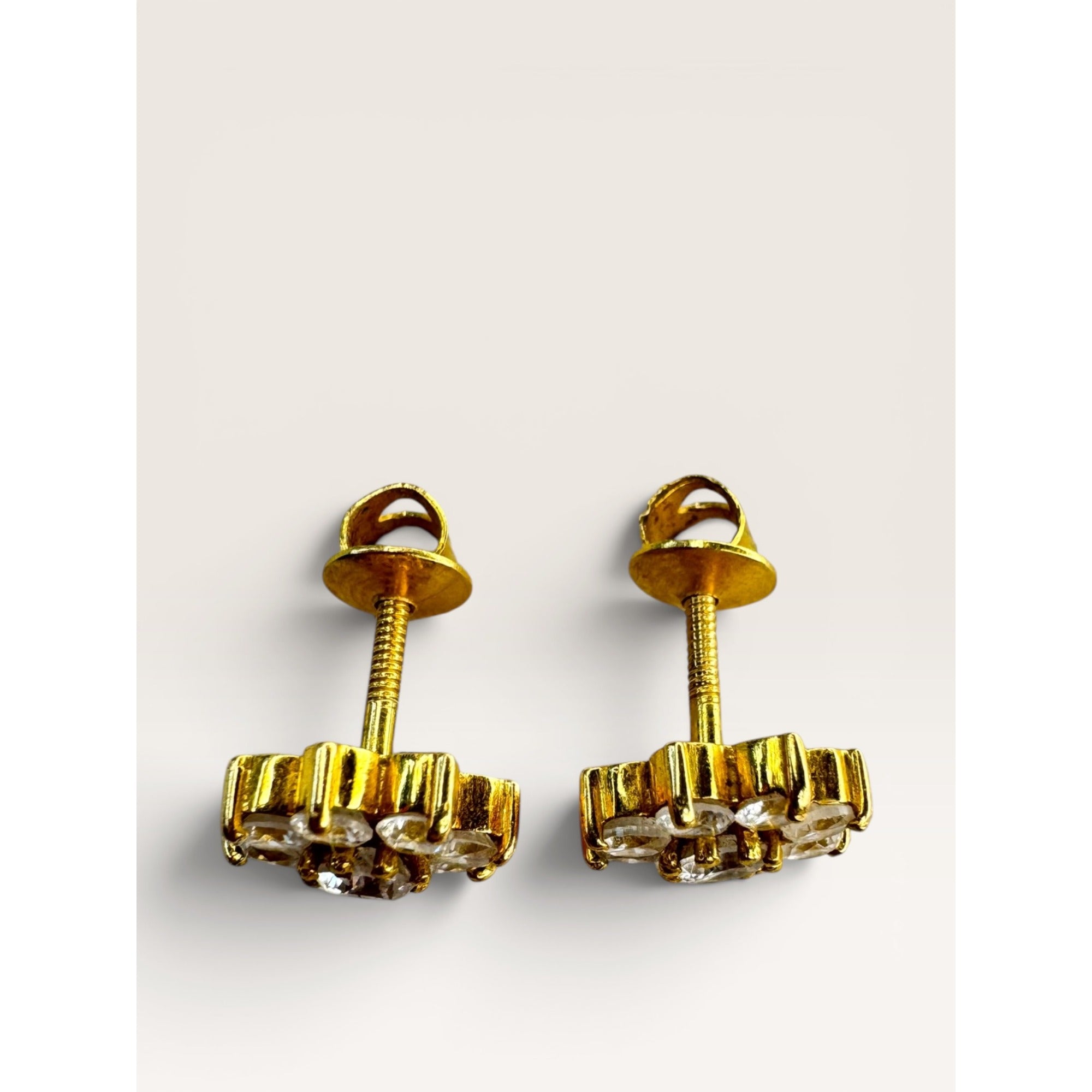 22K Gold CZ Flower Cluster Stud Earrings Threaded Screw Back Vintage
