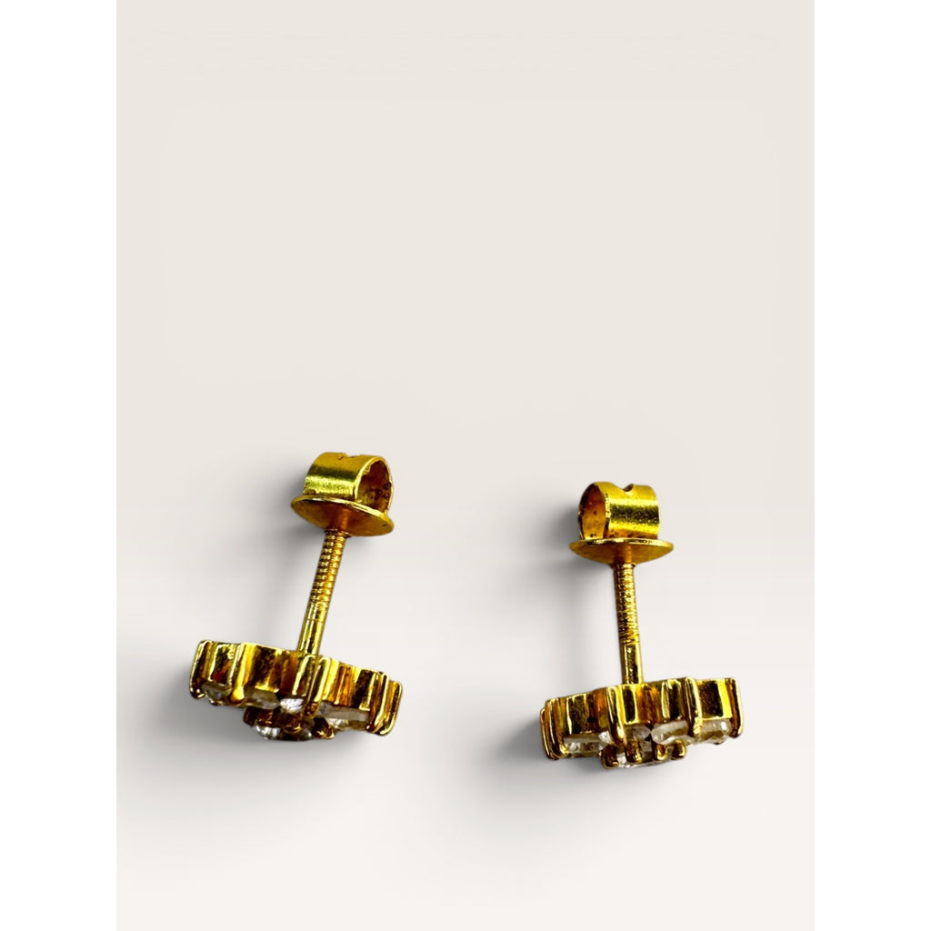22K Gold CZ Flower Cluster Stud Earrings Threaded Screw Back Vintage