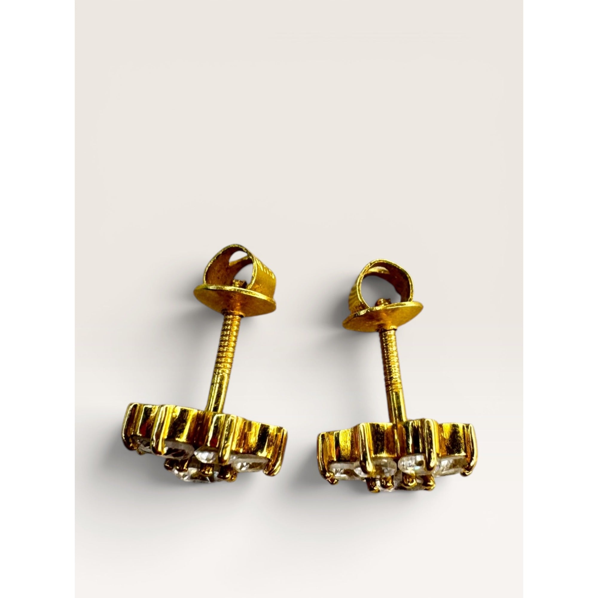 22K Gold CZ Flower Cluster Stud Earrings Threaded Screw Back Vintage