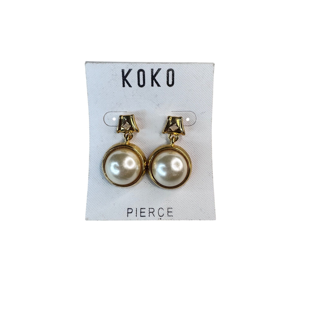 KOKO Pierced Earrings Gold Faux Pearl Drop 1990s Vintage